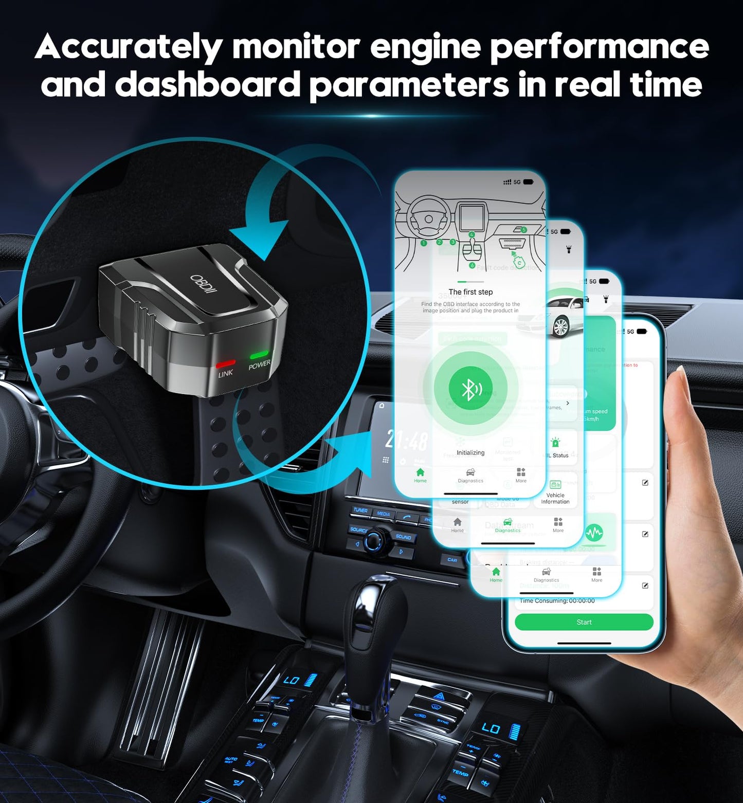 OBD2 Scanner Reader Bluetooth Wireless Auto Diagnostic Scan Tool for iOS & Android for Performance Test Bluetooth 5.4 Car Check Engine Car Code Reader, Clear Error Code Live Data Reset Exclusive APP