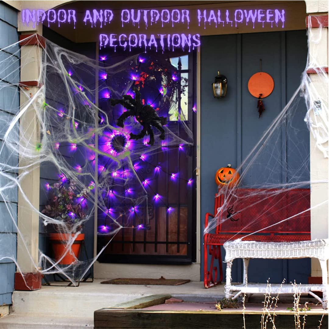 Halloween Decorations Spider Web Lights - 4FT Diameter 70 LEDs with Black Spider, Waterproof Net Lights, Remote Control, 8 Modes Cobweb Halloween Decorations for House Garden Indoor Outdoor (Purple)