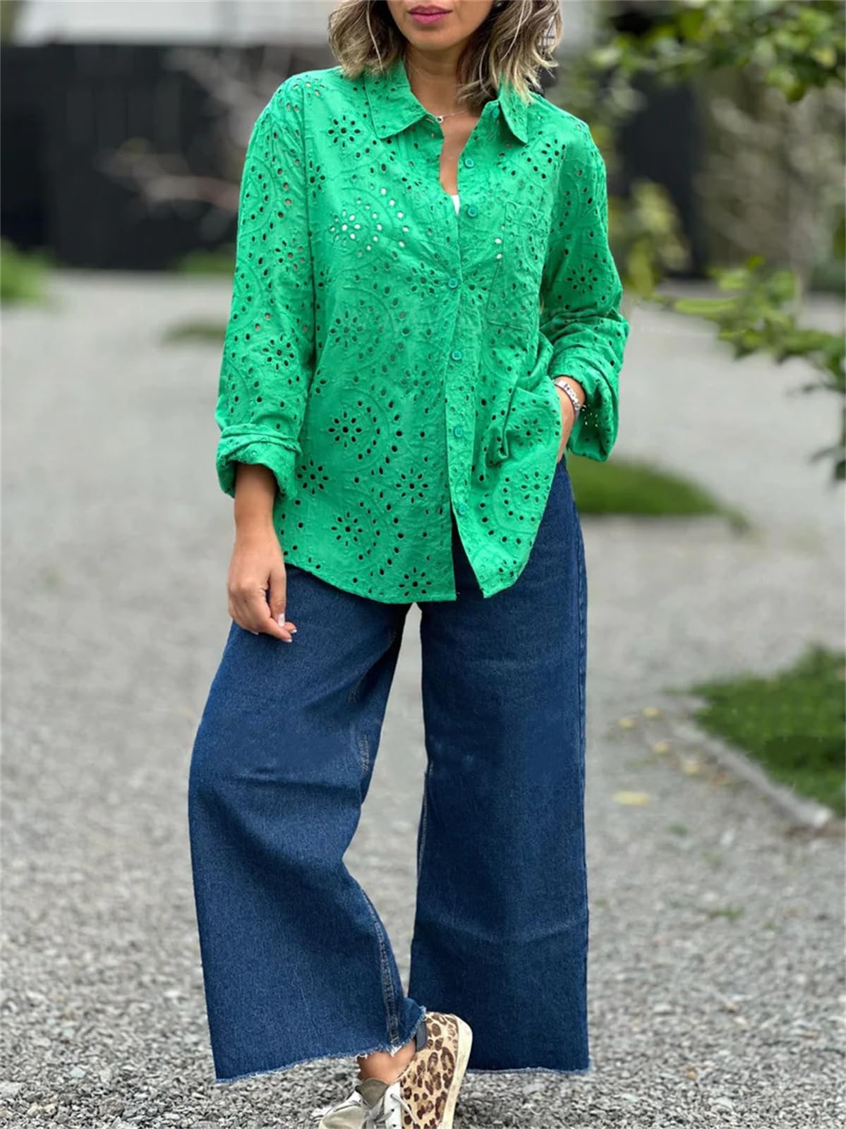 hathne Women's Crochet Embroidery Eyelet Tops Shirt Blouse Boho Long Sleeve Button Front Oversized Blouse(Green,S)