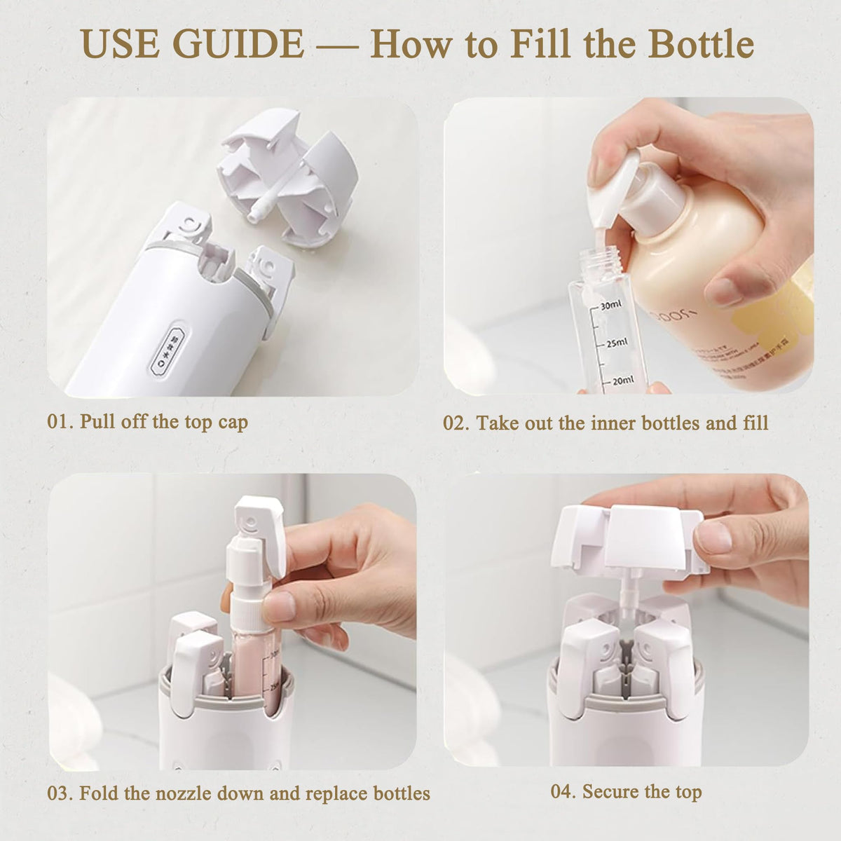 PIQOLA 4 in 1 Travel Dispenser Bottle, Leak Proof Refillable Travel Toiletry Containers, Travel Bottles Set Meets TSA 3-1-1 Requirements for about 3 Days Business Trip (Per Person), 4 x 30ml, White