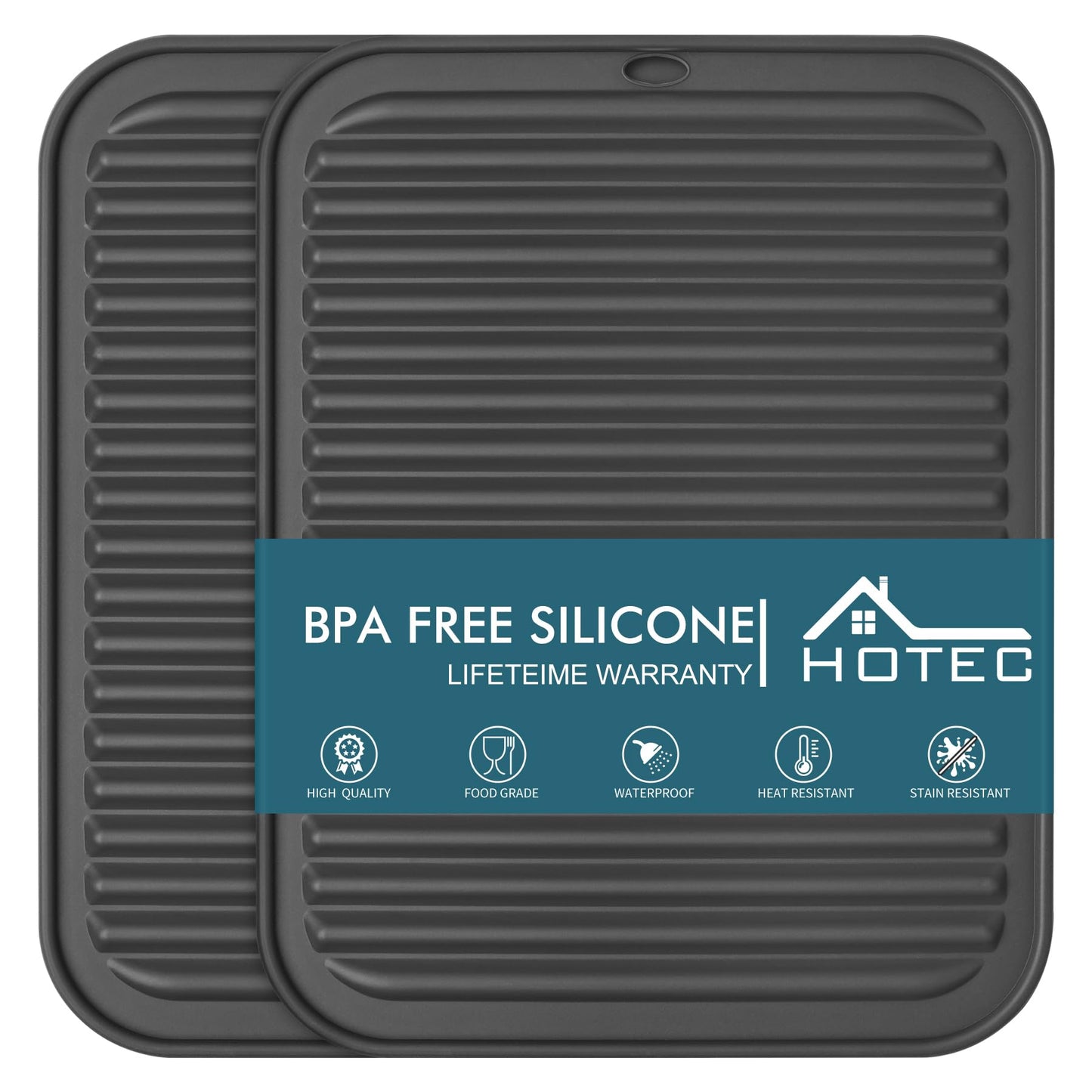 HOTEC BPA Free Silicone Trivets for Hot pots and Pans, 446℉ Heat Resistant for Kitchen Counter Dish Drying Mat, Set of 2 Dark Grey