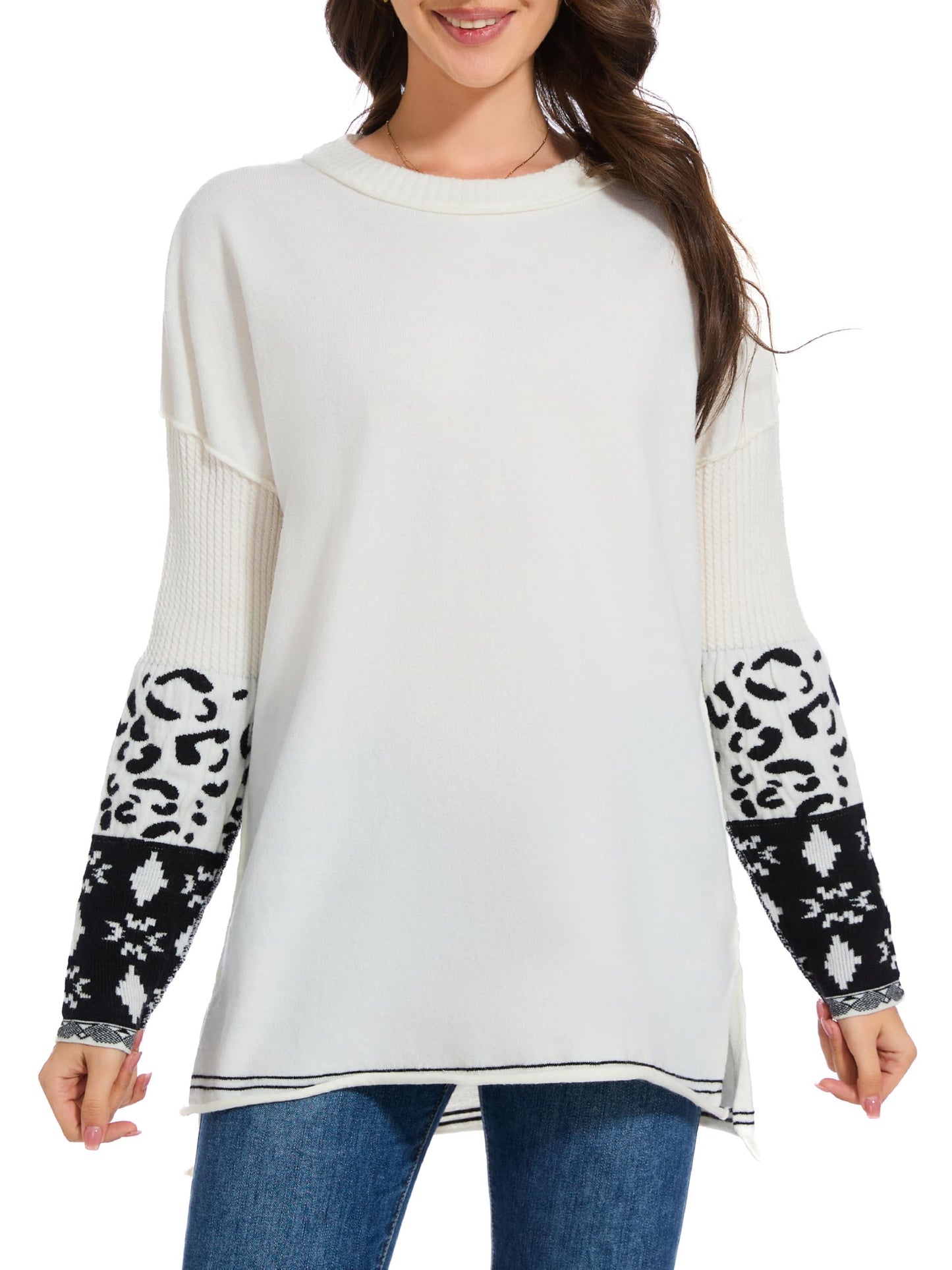 hathne Oversized Sweaters Pullover for Women Leopard Printed Cuff Casual Long Sleeve Knit Tops(Beige,L)