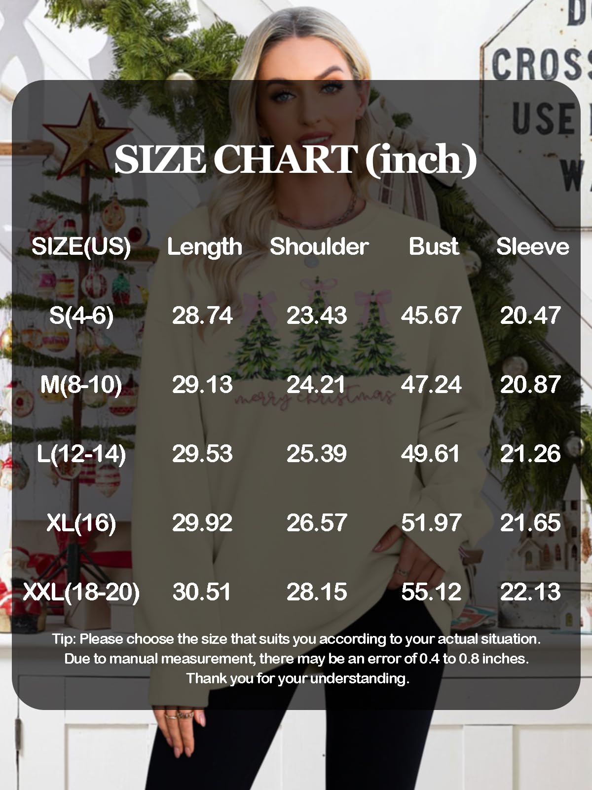 QLIPIN Merry Christmas Sweatshirt Women Christmas Bow Sweater Christmas Tree Sweatshirts Oversized Holiday Ugly Sweaters