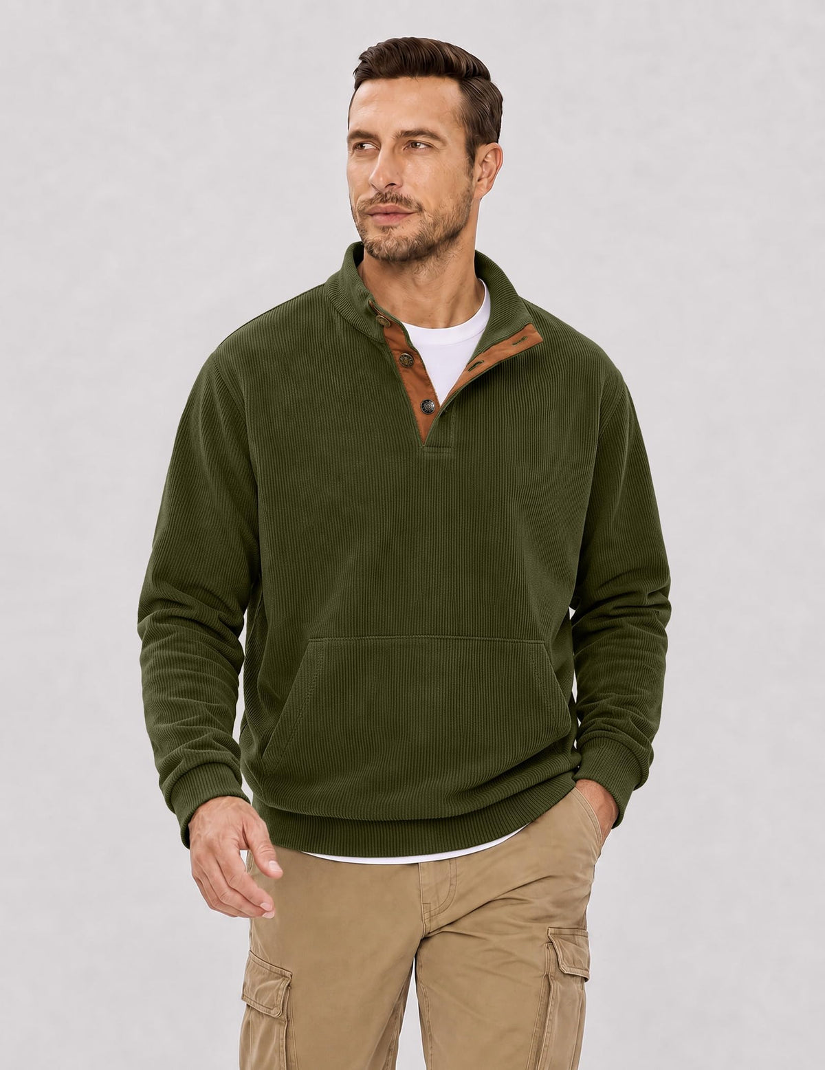 JMIERR Men's Corduroy Sweatshirt Quarter Button Pullover, Green, XL