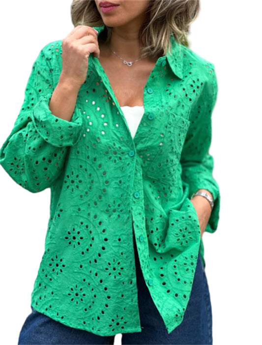 hathne Women's Crochet Embroidery Eyelet Tops Shirt Blouse Boho Long Sleeve Button Front Oversized Blouse(Green,S)