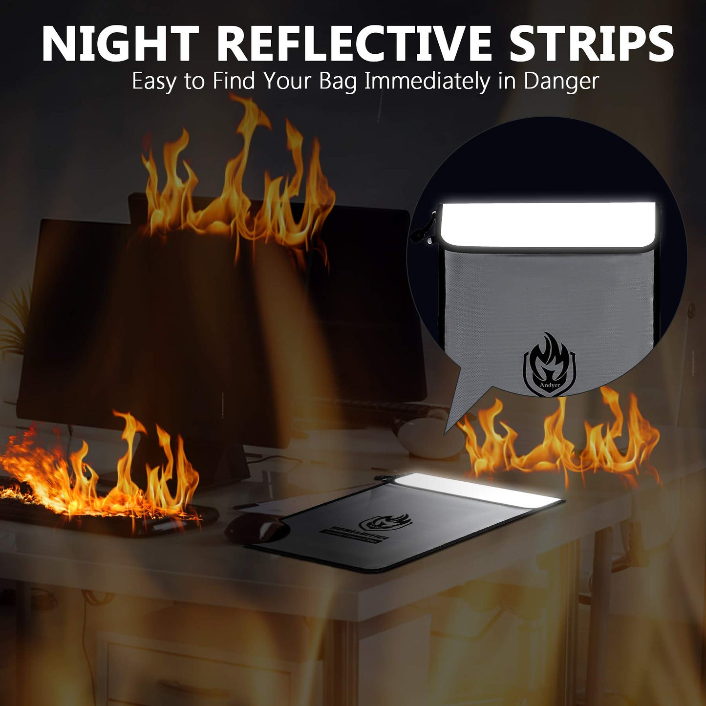 Upgraded Two Pockets Fireproof Document Bag (2000℉), andyer 15”x 11”Waterproof Fireproof Money Bag for Cash with Zipper, Important Document Storage Organizer for Valuables, Legal Documents Safe