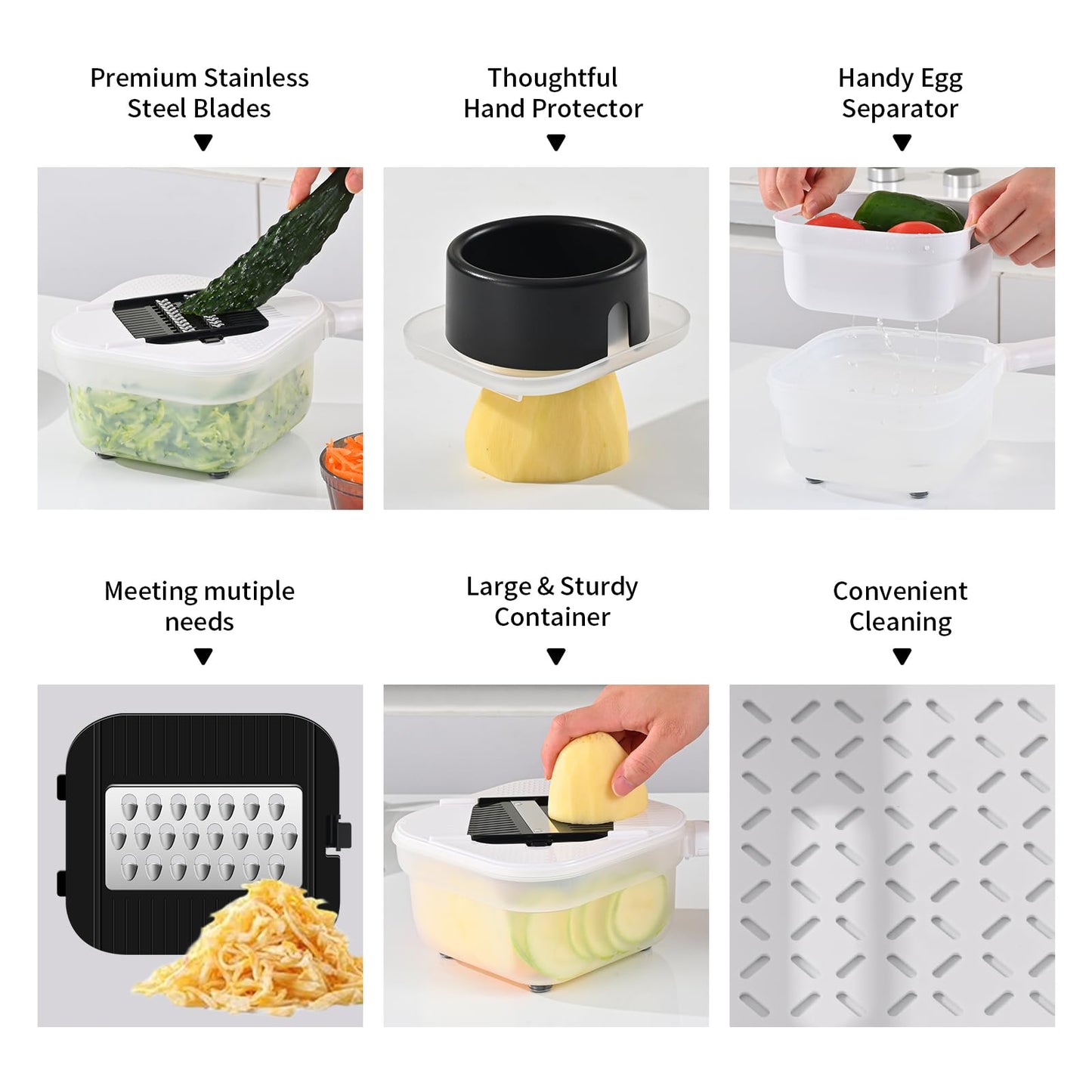 Vegetable Chopper, 3 Blade Veggie Chopper with 7.6 Cup Container, Mandoline Slicer Fruit Cutter with Strainer Basket & Safety Holder, BPA & PFAS Free Food Chopper for Onion Potato Carrot