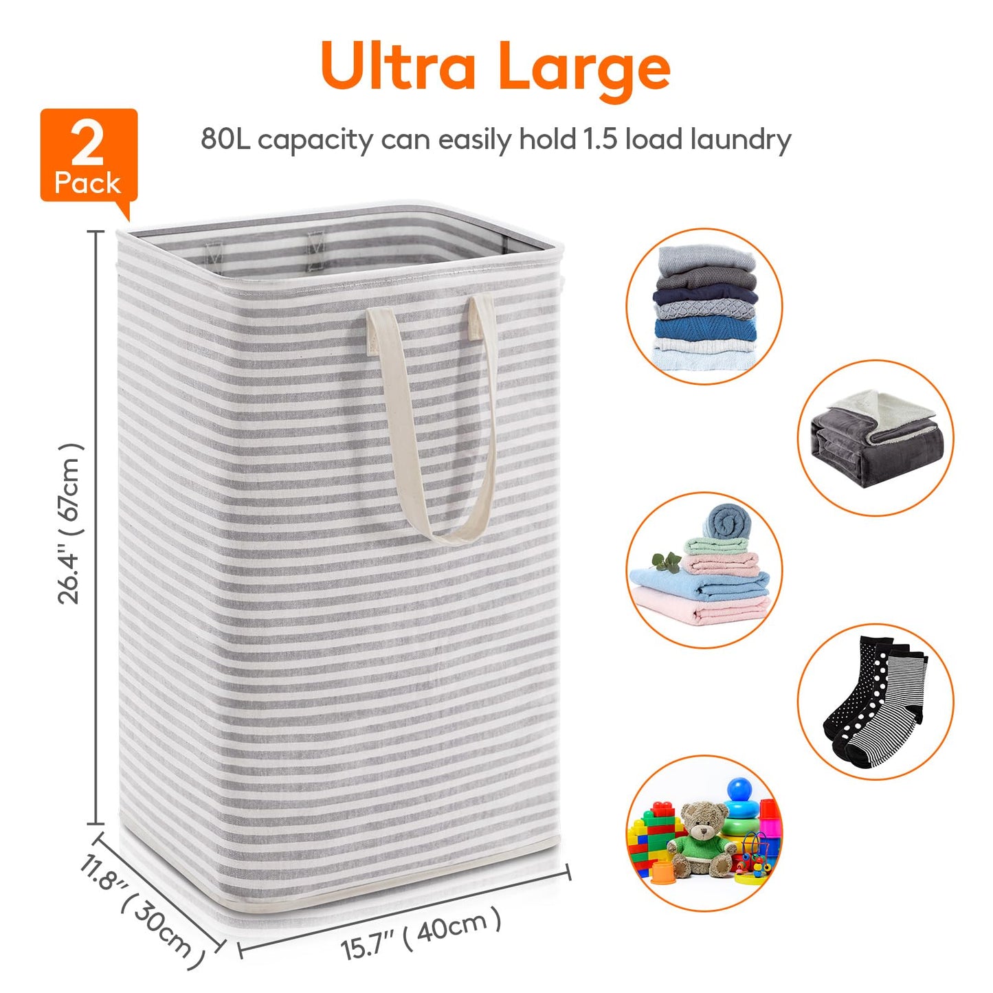 Lifewit 2 Pack Laundry Hamper Large Collapsible Laundry Baskets, Freestanding Waterproof Clothes Hamper with Easy Carry Handles in Laundry Room Bedroom Bathroom College Dorm, Grey, 2 x 80L