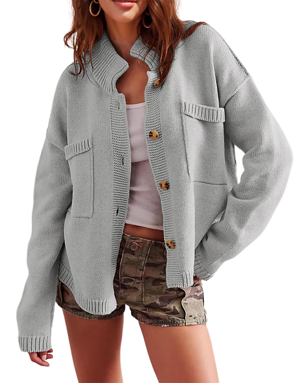 hathne Cardigan Sweaters for Women Trendy Oversized Open Front Button Short Cardigan Jackets Fall Winter(Grey,M)