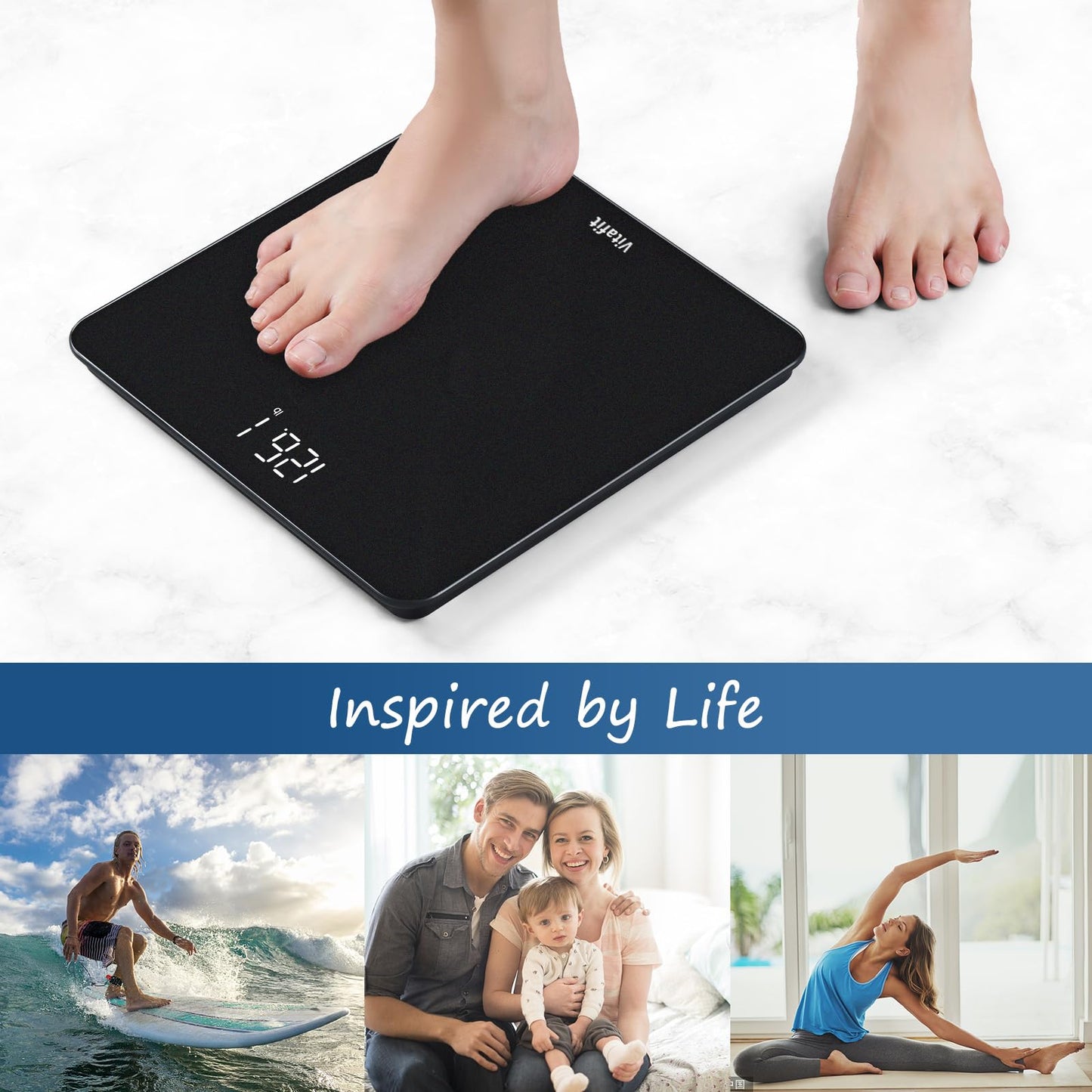 Vitafit Digital Bathroom Scale for Body Weight, Weighing Professional Since 2001, Clear LED Display and Step-On, 3*AAA Batteries Included, 400lb/182kg, Spray Silver Black