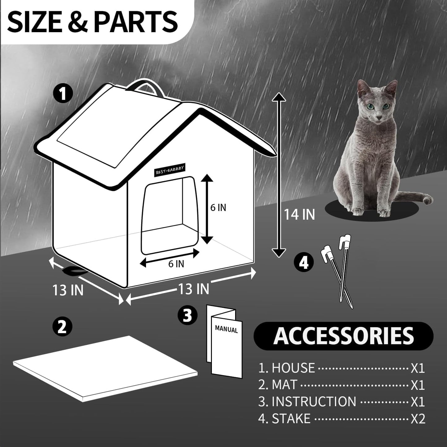 Rest-Eazzzy Cat House for Outdoor Cats, Weatherproof and Insulated Feral Cat House with Mat and Clip, Easy to Put Together, Selfwarming Cat Shelter for Winter(Grey, Waterproof House-S)