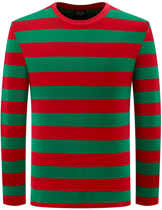 Funny World Red and Green Striped Shirt Long Sleeve Mens Christmas T-Shirts, Large
