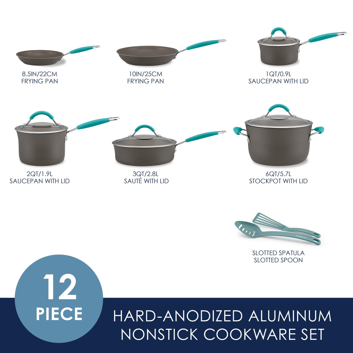 Rachael Ray Cucina Dishwasher-Safe Hard-Anodized Pots and Pans Set Non Stick Cookware, 12 Piece, Gray with Agave Blue Handles