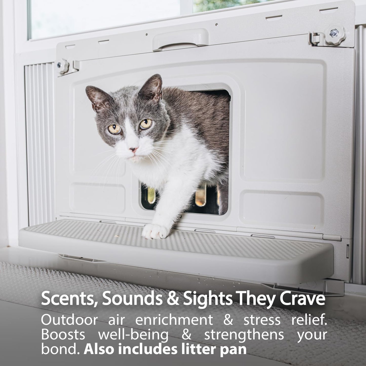 VistaLoo Window Catio, Perch & Litter Box – Fits 26-32" Vertical Windows, Premium Outdoor Enrichment and Freedom for Indoor Cats, Natural Odor-Free, All-Weather, Easy Clean Cat Box, Made in The USA