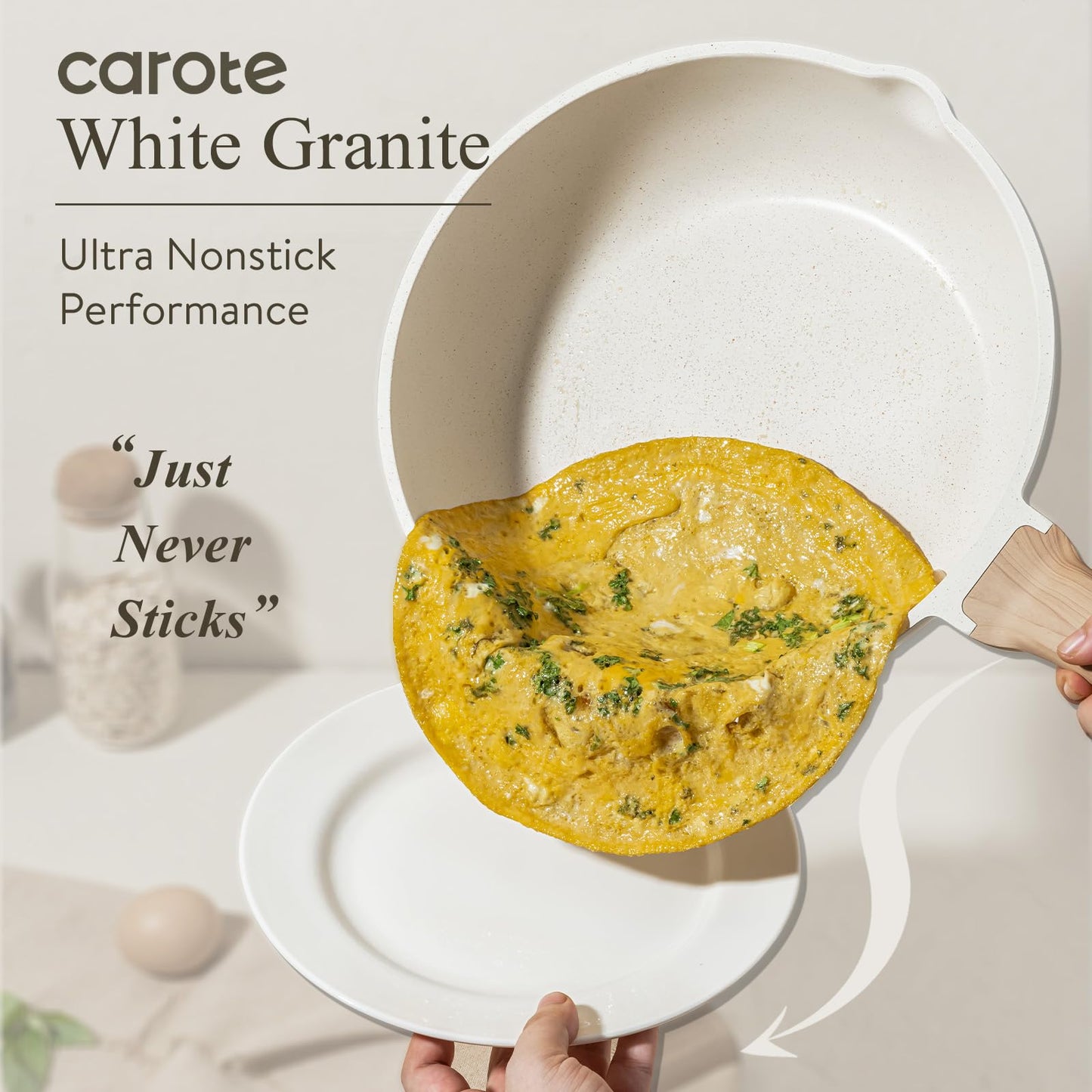 CAROTE Non Stick Frying Pan Skillet, Omelet Pan, Healthy Non Toxic Granite Chef Pan, Induction Compatible Egg Frying Pan with Heat-Resistant Handle, PFOA-Free,Cream White, 8"