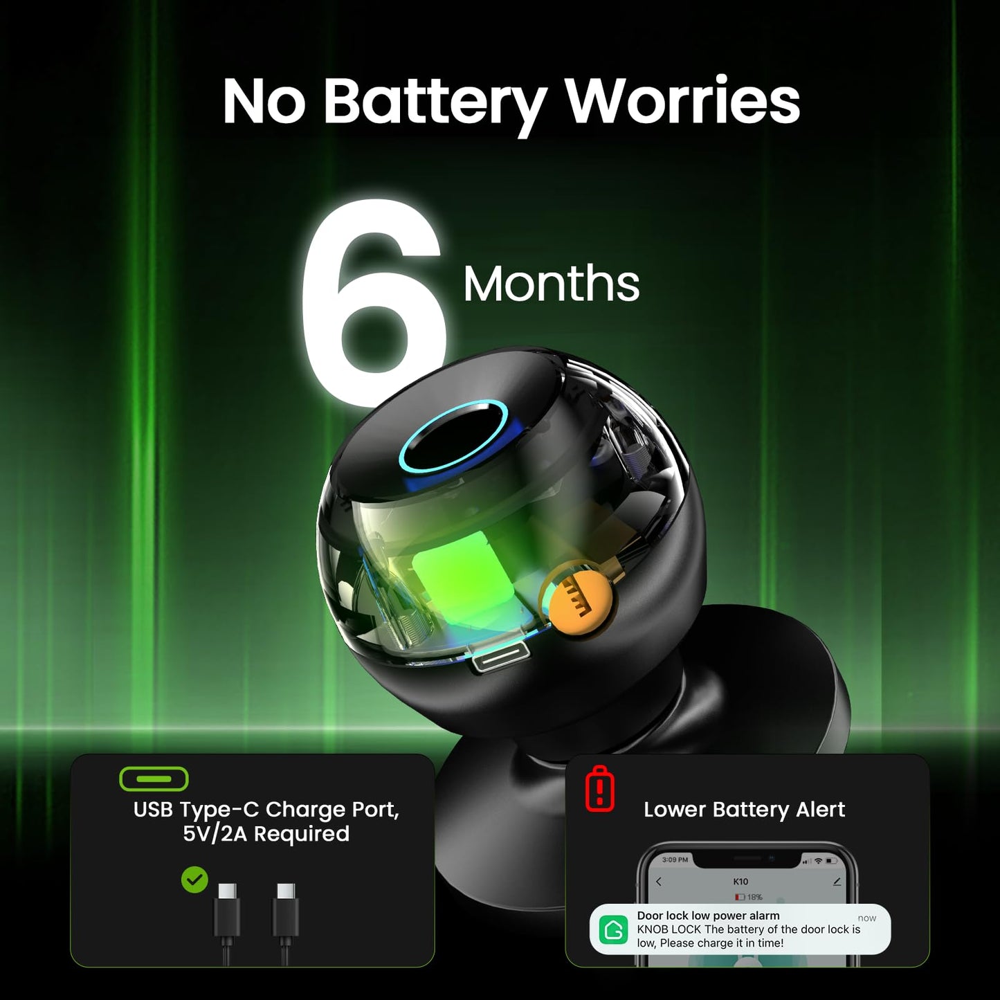 GHome Smart Fingerprint Door Lock, 3 in 1 Smart Fingerprint Door Knob with App Control & Key, Auto Lock, Biometric Thumbprint Door Locks for Bedroom, Garage, Home & Office