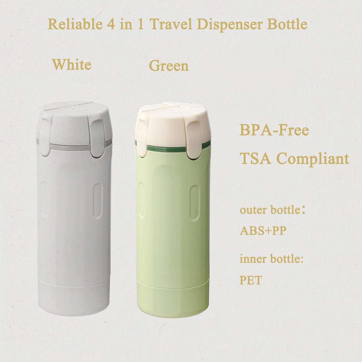 PIQOLA 4 in 1 Travel Dispenser Bottle, Leak Proof Refillable Travel Toiletry Containers, Travel Bottles Set Meets TSA 3-1-1 Requirements for about 3 Days Business Trip (Per Person), 4 x 30ml, White