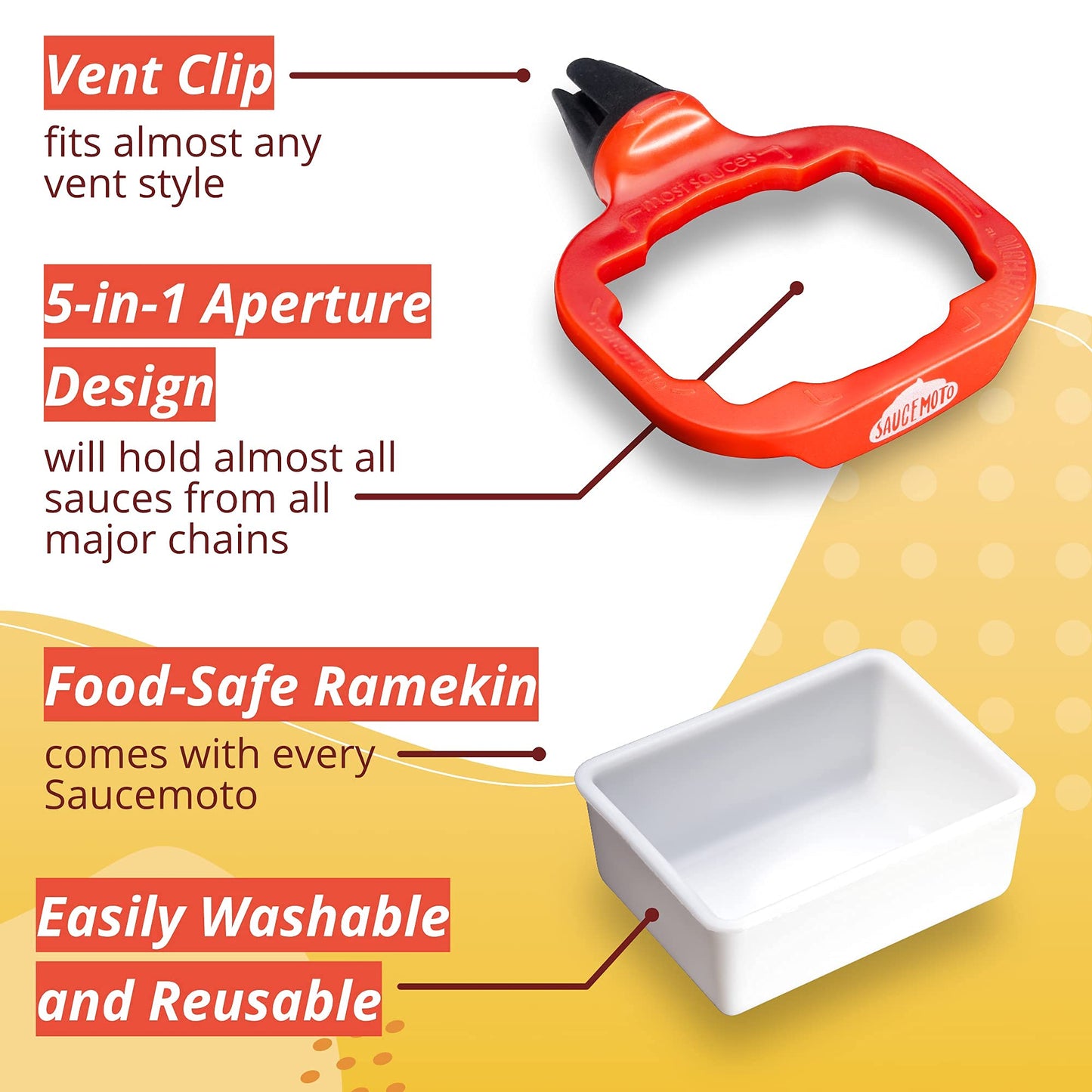 Saucemoto Dip Clip | Vehicle Sauce Holder for Dipping sauces. As seen on Shark Tank (Stocking Stuffer 2-Pack, Red) Great for White Elephant Gift