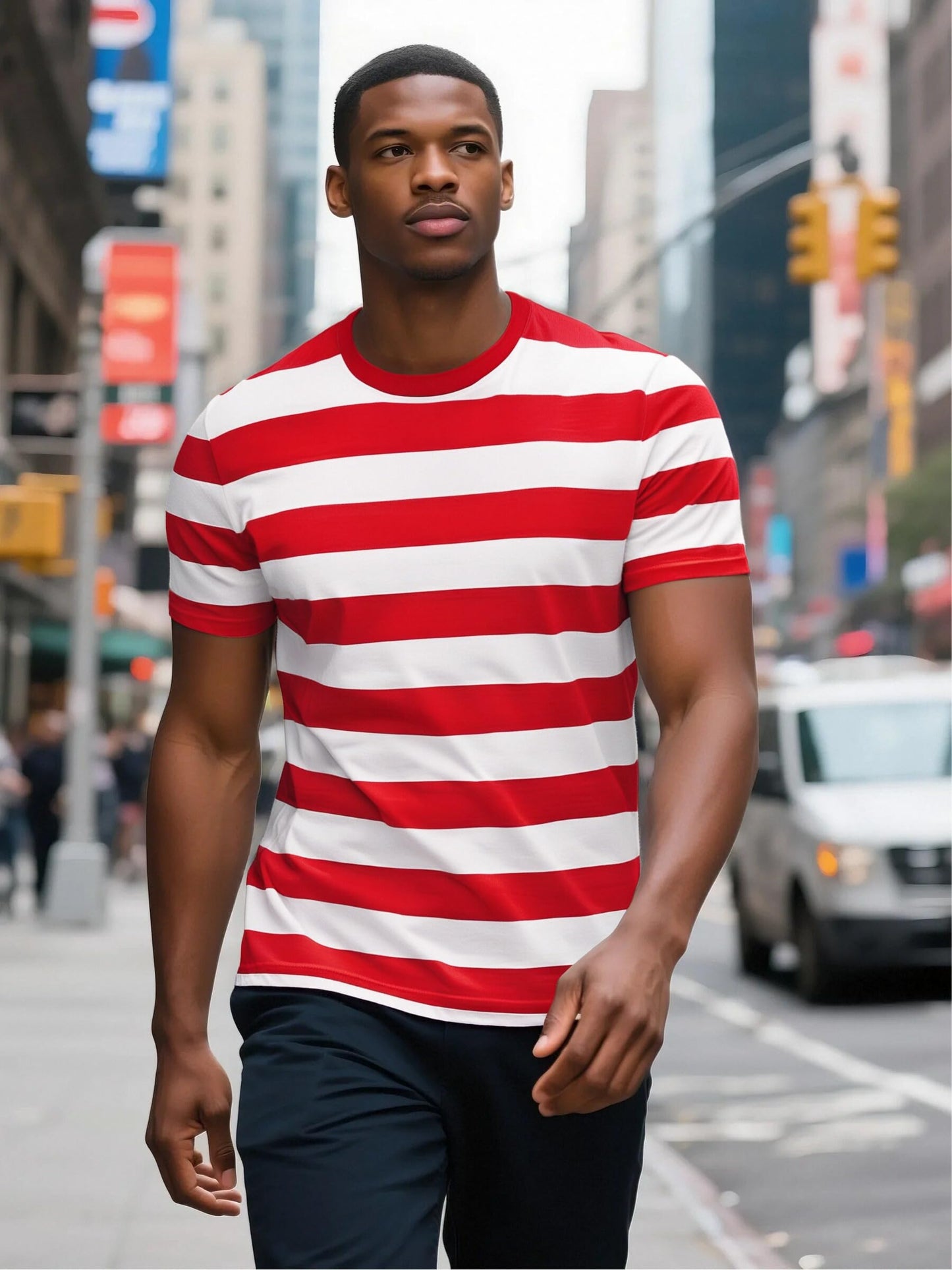 Funny World Mens Red and White Striped Shirt Cotton Short Sleeve Casual T-Shirts, Red and White, 3X-Large