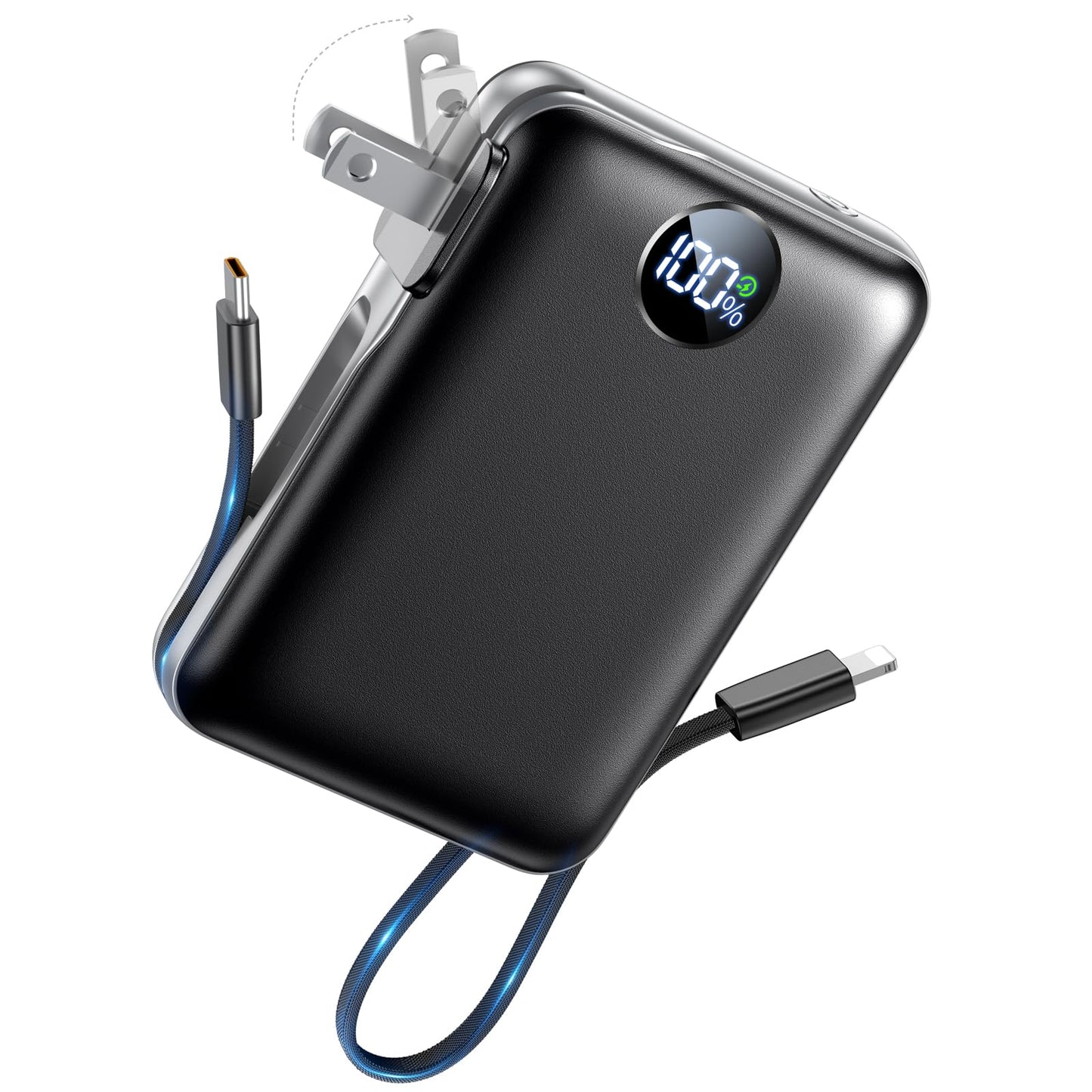 Portable Charger with Built in Cables & Wall Plug,10000mAh Power Bank, 4 Outputs,22.5W USB C Fast Charging,Slim Travel Essential Battery Pack with LED Display for iPhone 17/16/15/14 Series, Samsung