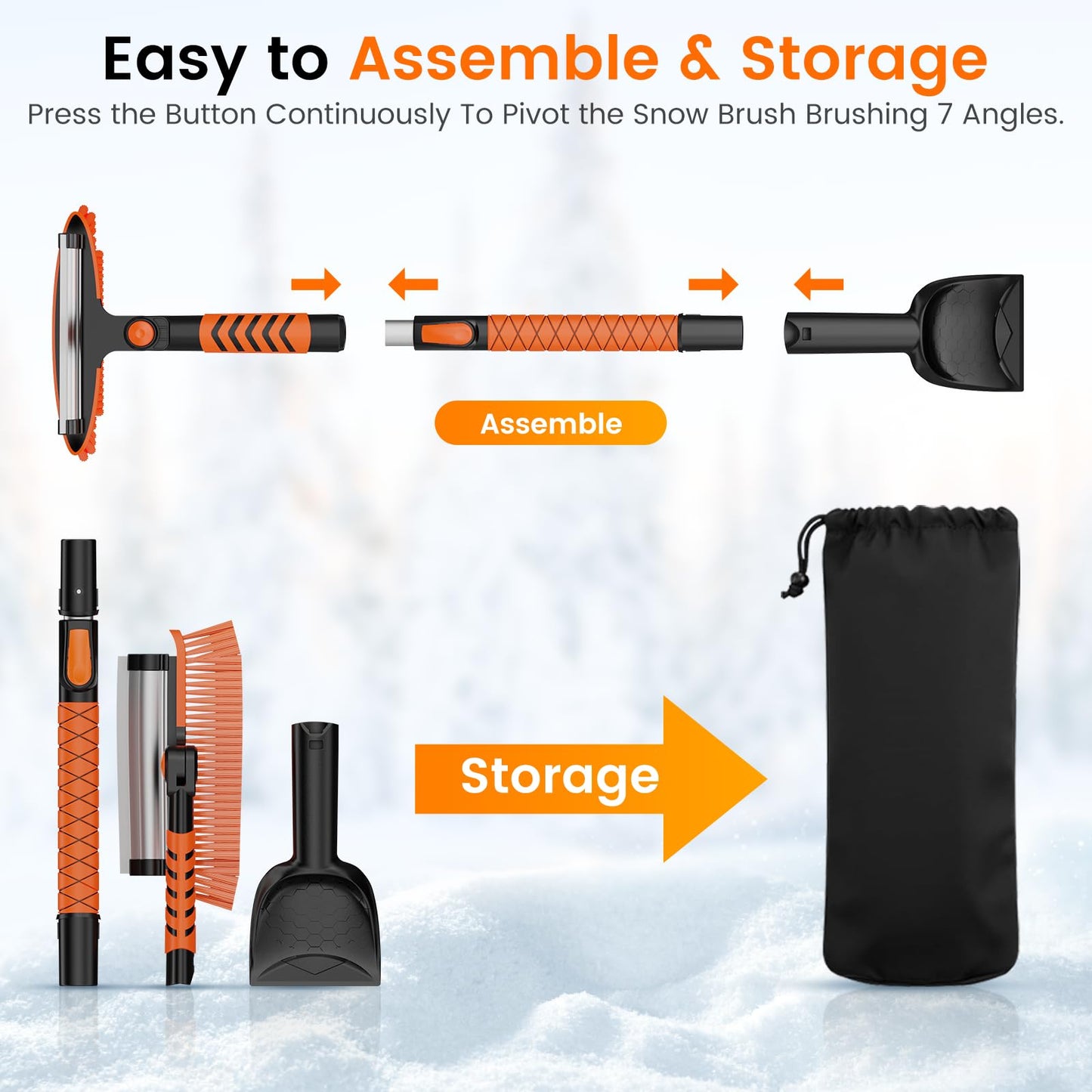 2025 45" Car Snow Brush & Ice Scraper for Windshield - Upgraded Extendable Snow Shovel with 360° Pivoting Head & Foam Grip - Fits Cars, Trucks, SUVs (Neon Orange)