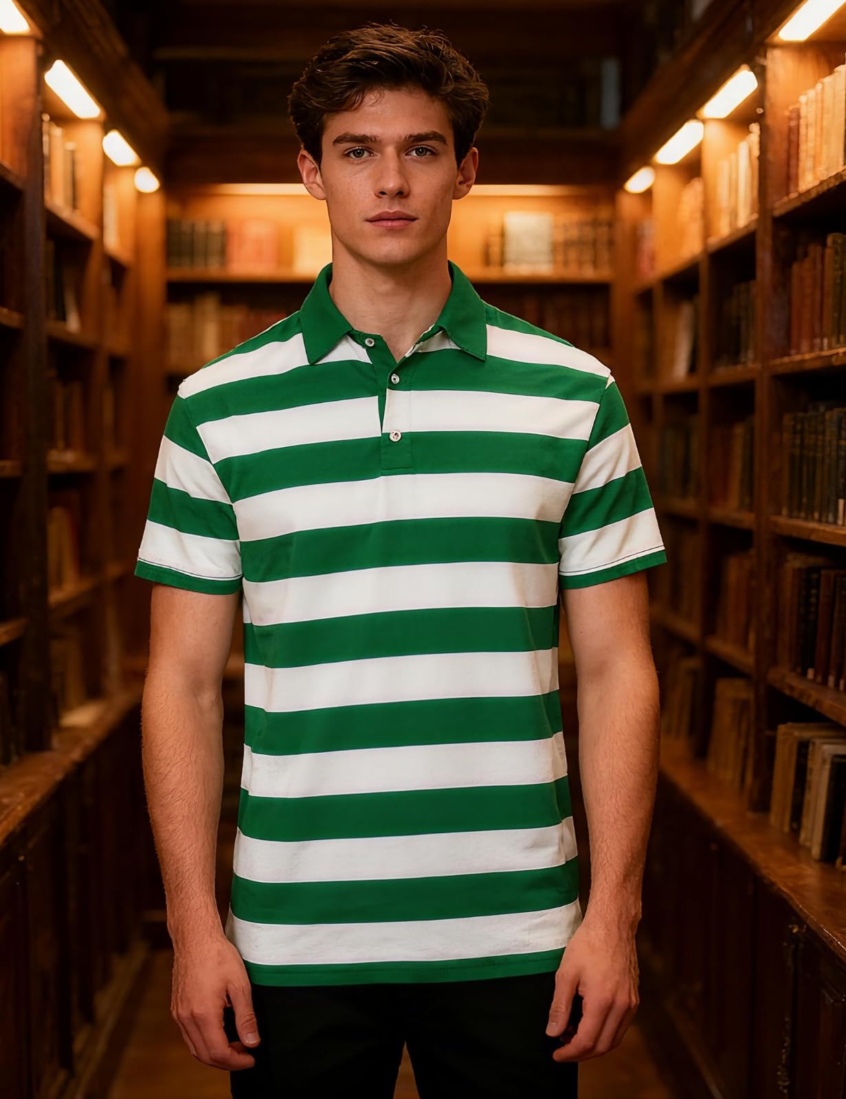 Funny World Green and White Striped Irish Polo Shirt for Men Cotton Short Sleeve St Patricks Day Striped Golf Shirts, Green and White, Medium