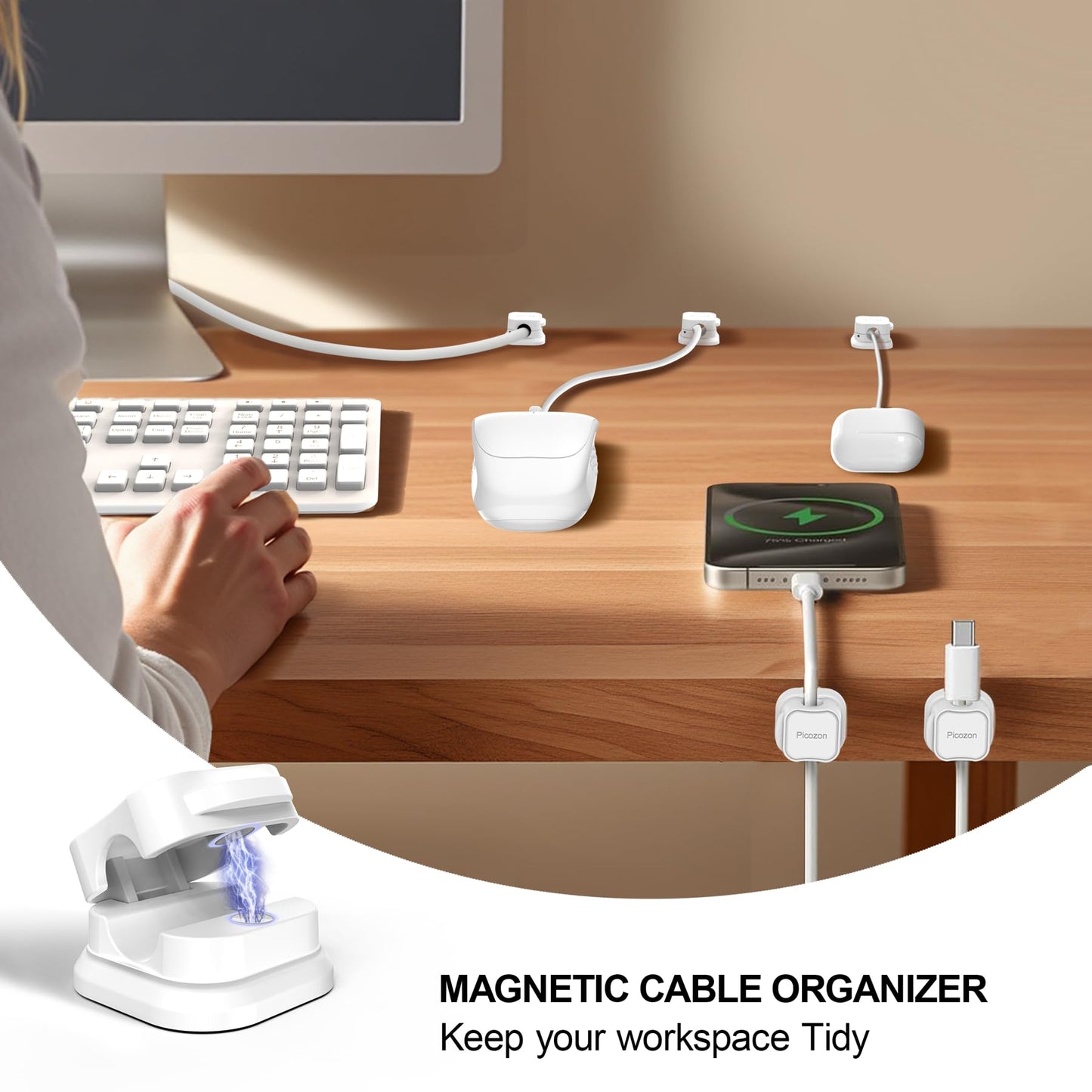 Picozon 6 Pack Magnetic Cable Clip Organizer Cord Holder, Picozon Adhesive Cable Management, Wire Phone USB Charger Cable Holder Keeper Organizer for Car, Office Home Desktop, Wall, Night Table