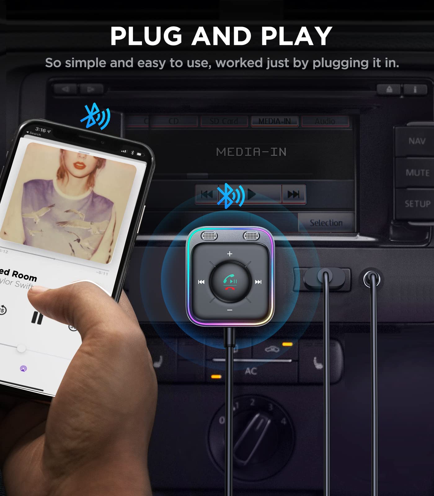 JOYROOM Bluetooth 5.4 AUX Car Adapter[2026 Upgrade] [Stronger Dual Mics& Noise Cancellation] [Multifunction Button& Plug-and-Play] Bluetooth Receiver for Car Music/Hands-Free Calls/Stereo Audio, Black