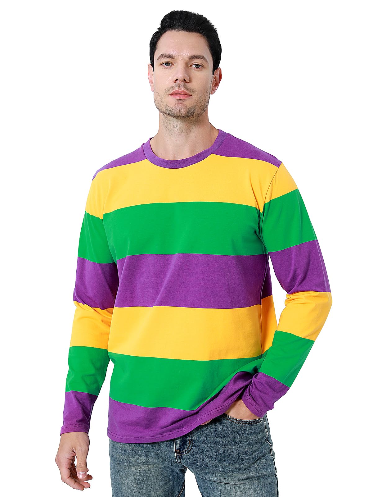 Funny World Mens Mardi Gras Shirt Purple Gold Green Striped Shirt Long Sleeve Holiday T Shirts, X-Large