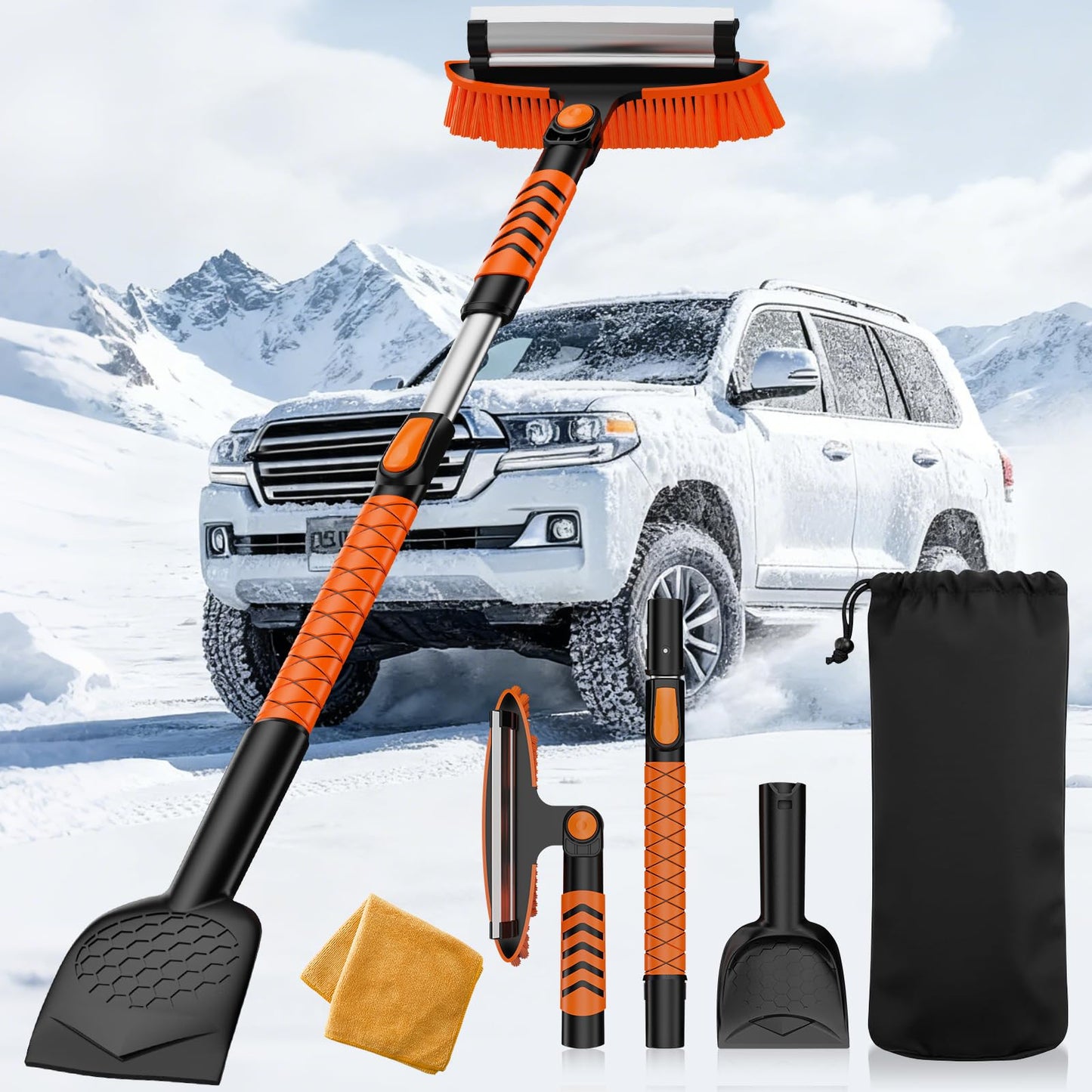 2025 45" Car Snow Brush & Ice Scraper for Windshield - Upgraded Extendable Snow Shovel with 360° Pivoting Head & Foam Grip - Fits Cars, Trucks, SUVs (Neon Orange)