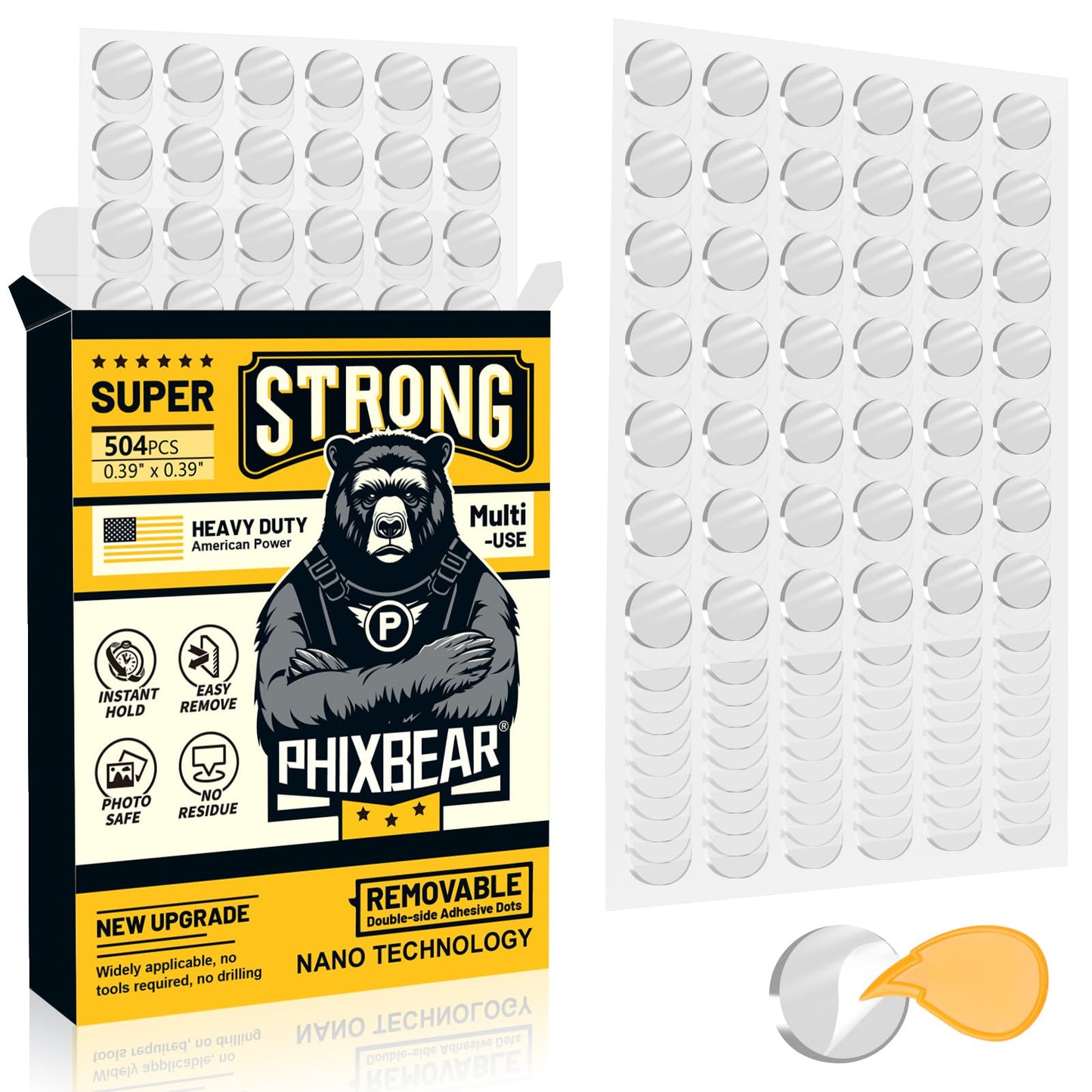 PHIXBEAR Small Mounting Putty No Residue, Strong Double Sided Glue Adhesive Dots Clear Museum Sticky Tack, Picture Hanging Strips Fixed Posters Map Decor Art Craft Party, Round 0.39 in (504 Pcs)