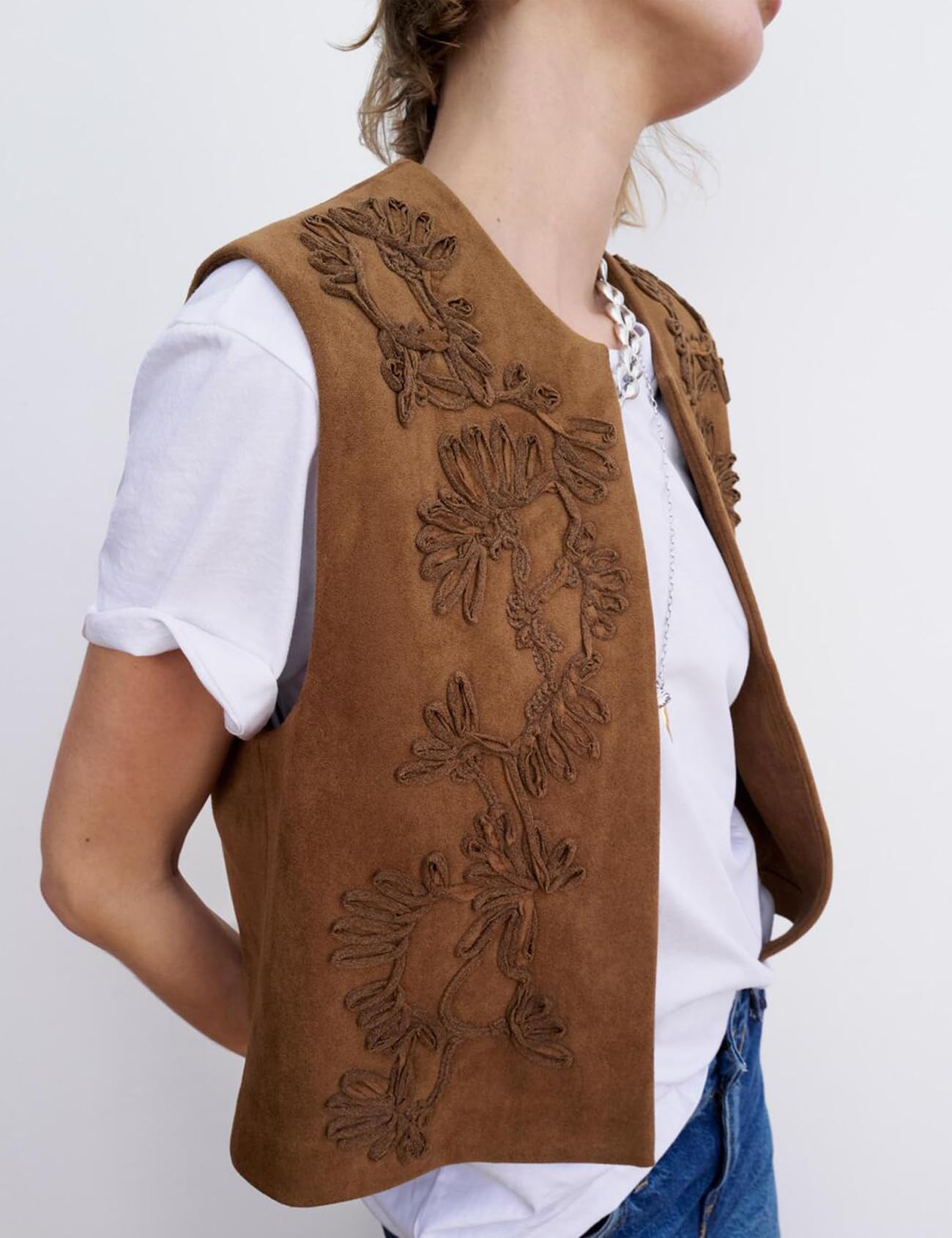 hathne Embroidered Faux Suede Vest for Women Floral Embroidered Vest Sleeveless Open Front Vintage Vests(Khaki,L)