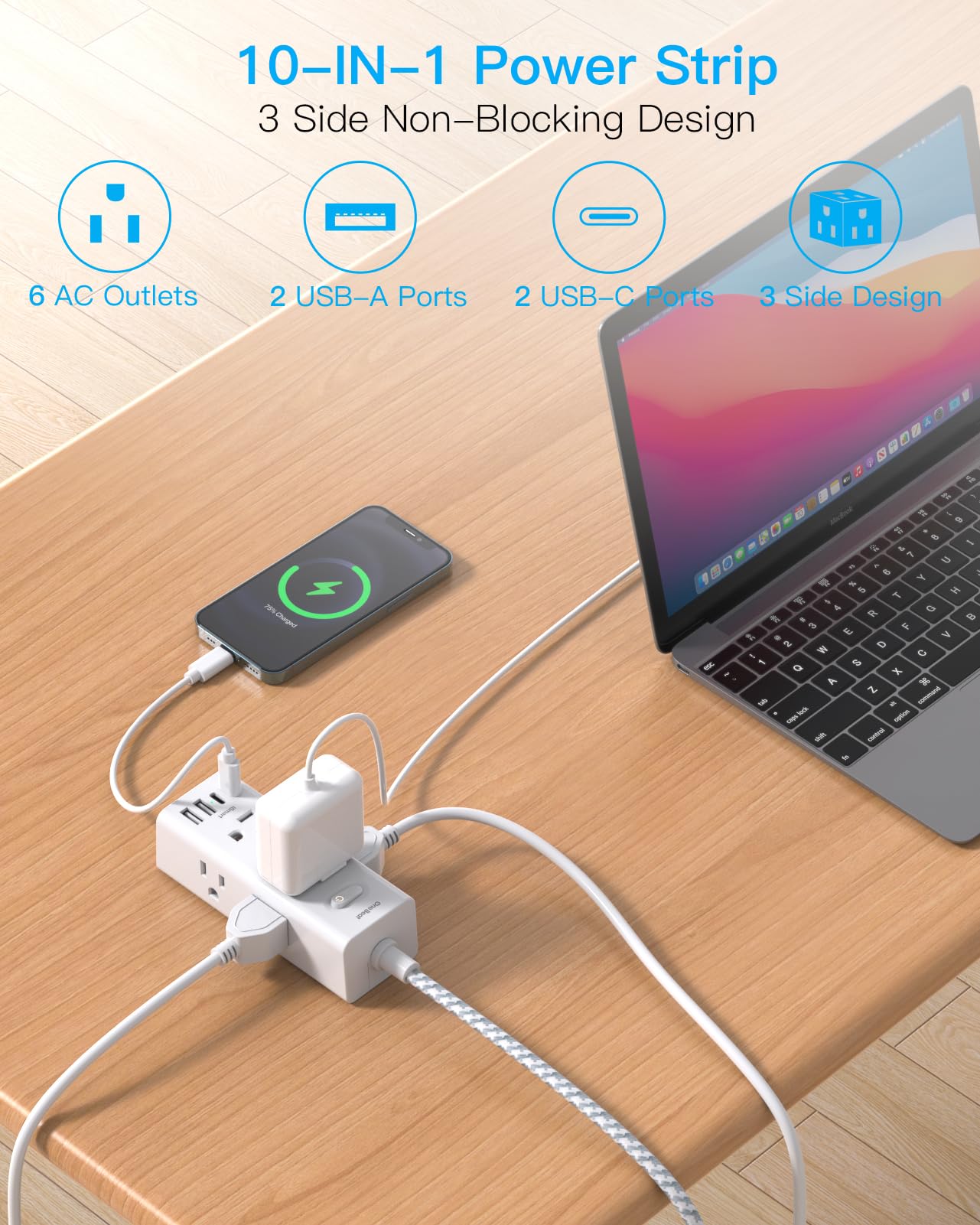 Power Strip Surge Protector - One Beat 6 Widely Outlets with 4 USB Ports (2 USB C), 5 Ft Extension Cord Flat Plug, Wall Mount Outlet Extender Small Power Strip for Travel Home Office College Dorm Room