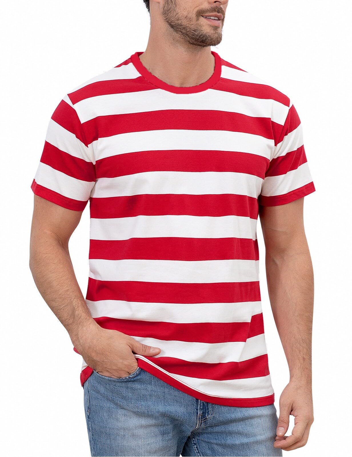 Funny World Mens Red and White Striped Shirt Cotton Short Sleeve Casual T-Shirts, Red and White, 3X-Large