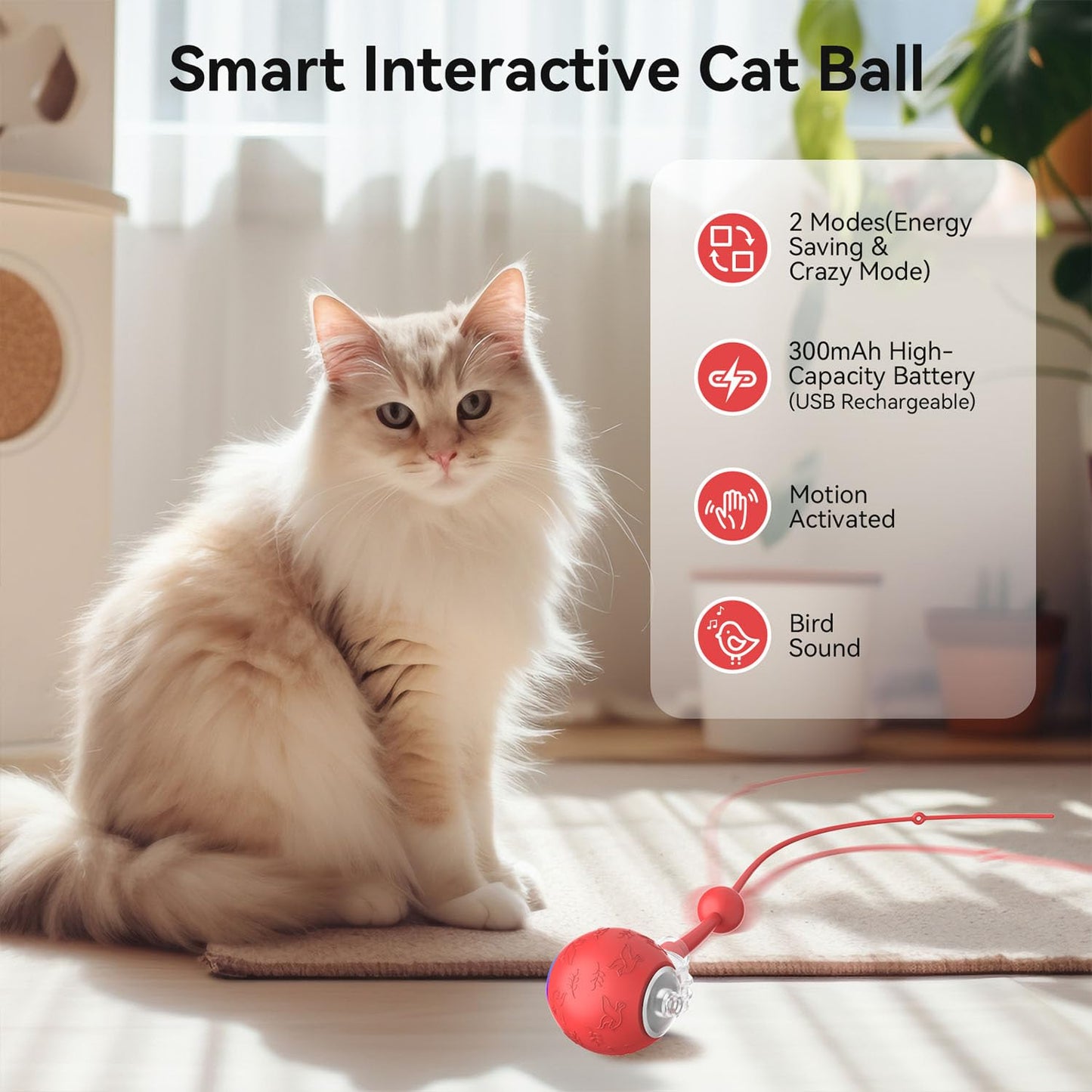 Zonopy Interactive Cat Toys Ball for Indoor Cats Fast Rolling on Carpet, Chirping & Motion Activate Cat Toys, 3 Modes, ON/Off Sound