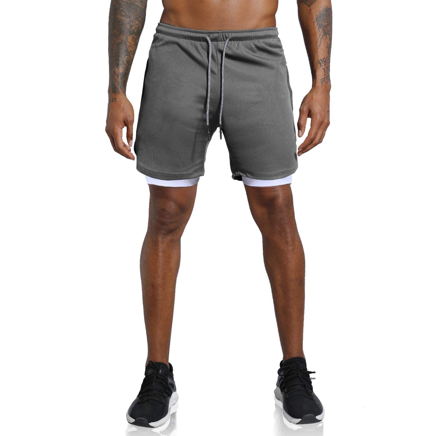 Leidowei Men's 2 in 1 Running Sports Shorts Quick Drying Breathable Short with Built-in Pocket Compression Dark Grey L