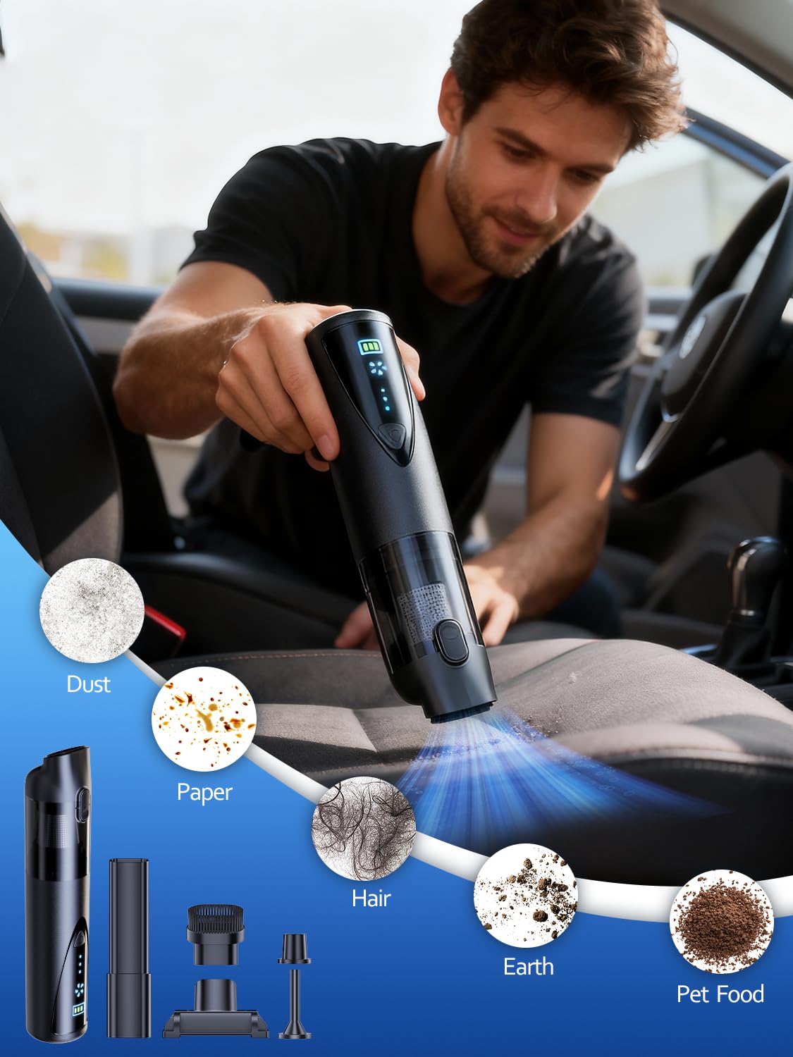 PUNOMO Cordless Car Vacuum Cleaner, 20000PA Strong Suction Wet/Dry Handheld Vacuum and Air Duster with Detailing Kit, Rechargeable Portable Mini Vacuum for Pet, Car Detailing, Home & Outdoor Cleaning