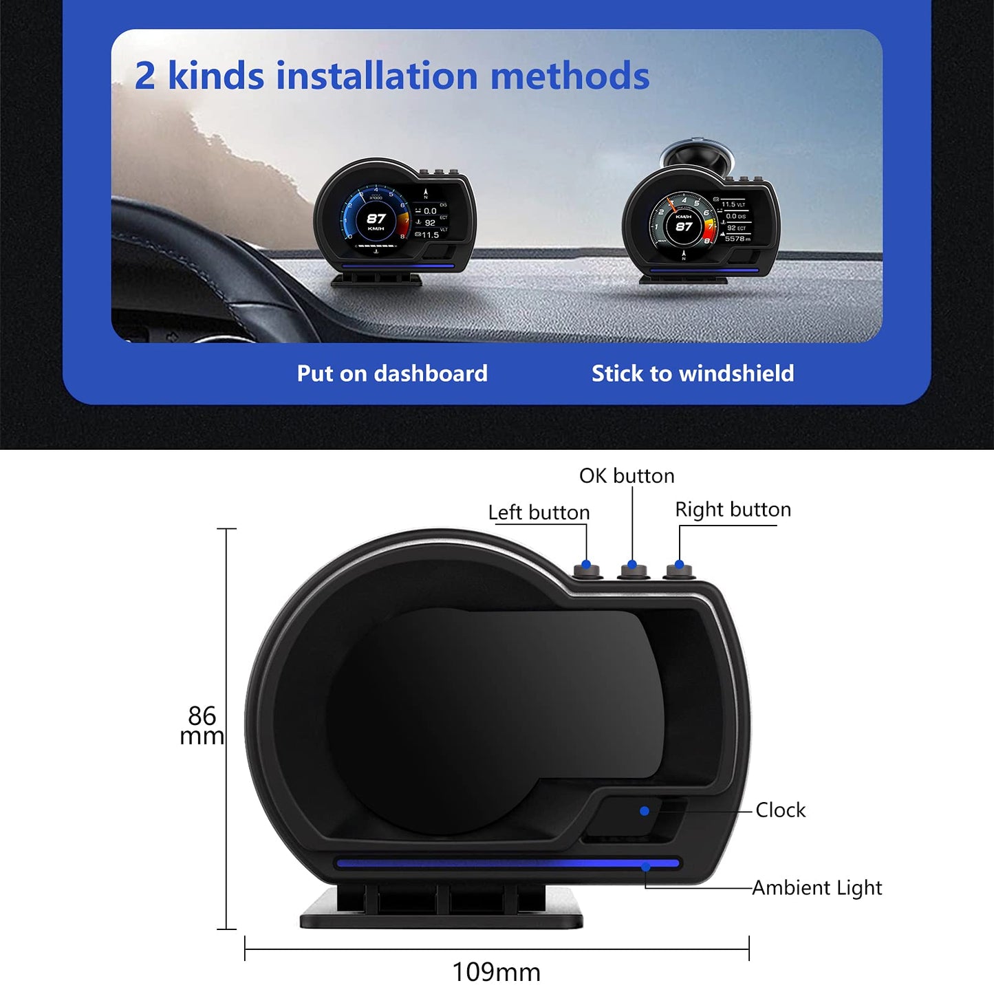 wiiyii obd2 Gauge Display Heads up Display for Cars Car HUD Head Up Display P6, OBD+GPS Smart Gauge, obd2 Speedometer with Speed,RMP,Water Temperature,Overspeed Alarm,Works Great for Most Cars