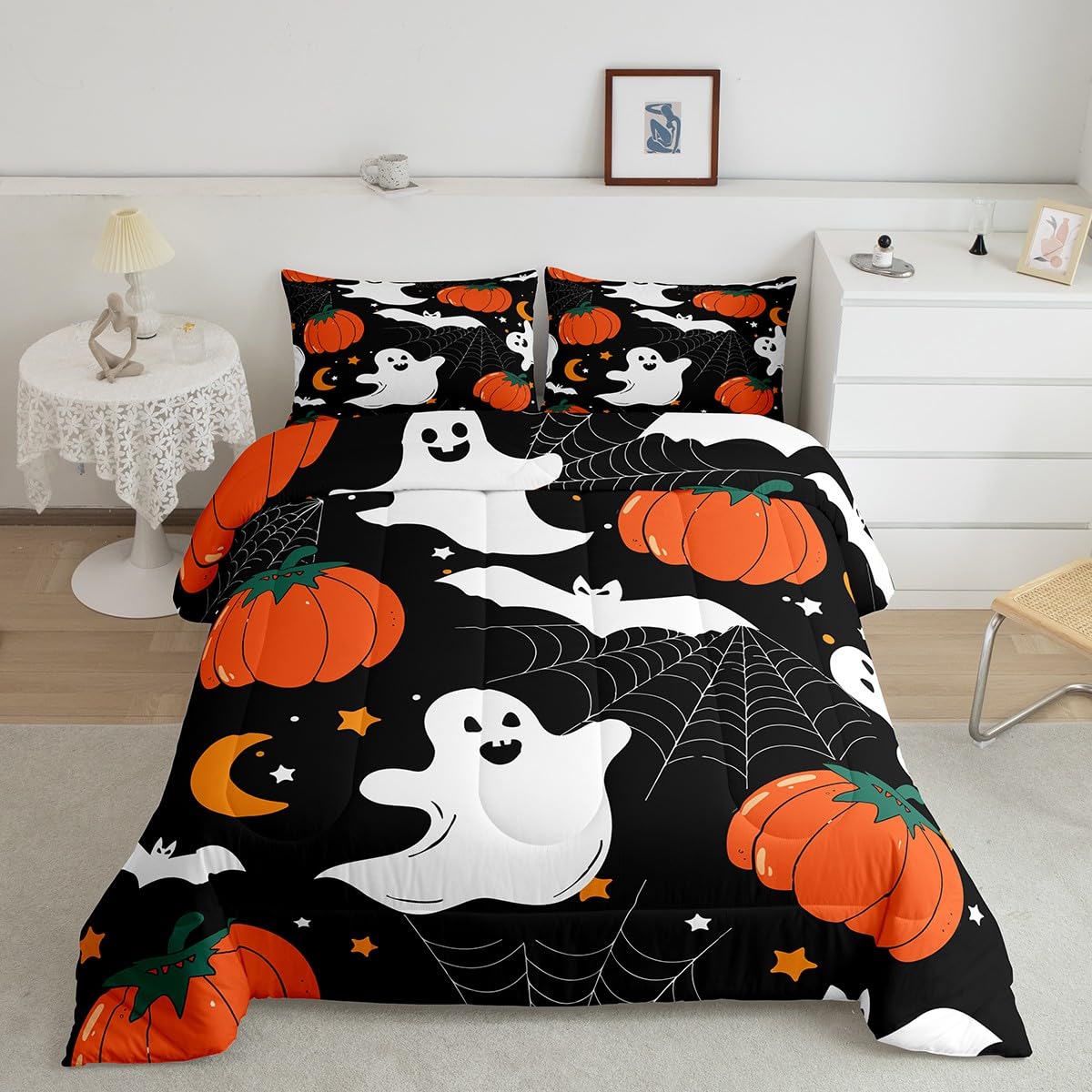 Feelyou Halloween Ghost Comforter Set for Girls Boys Kids Pumpkin Lantern Comforter Room Decorative Spider Web Bat Print Bedding Set Halloween Theme Duvet Set 3Pcs with 2 Pillow Case Queen Size