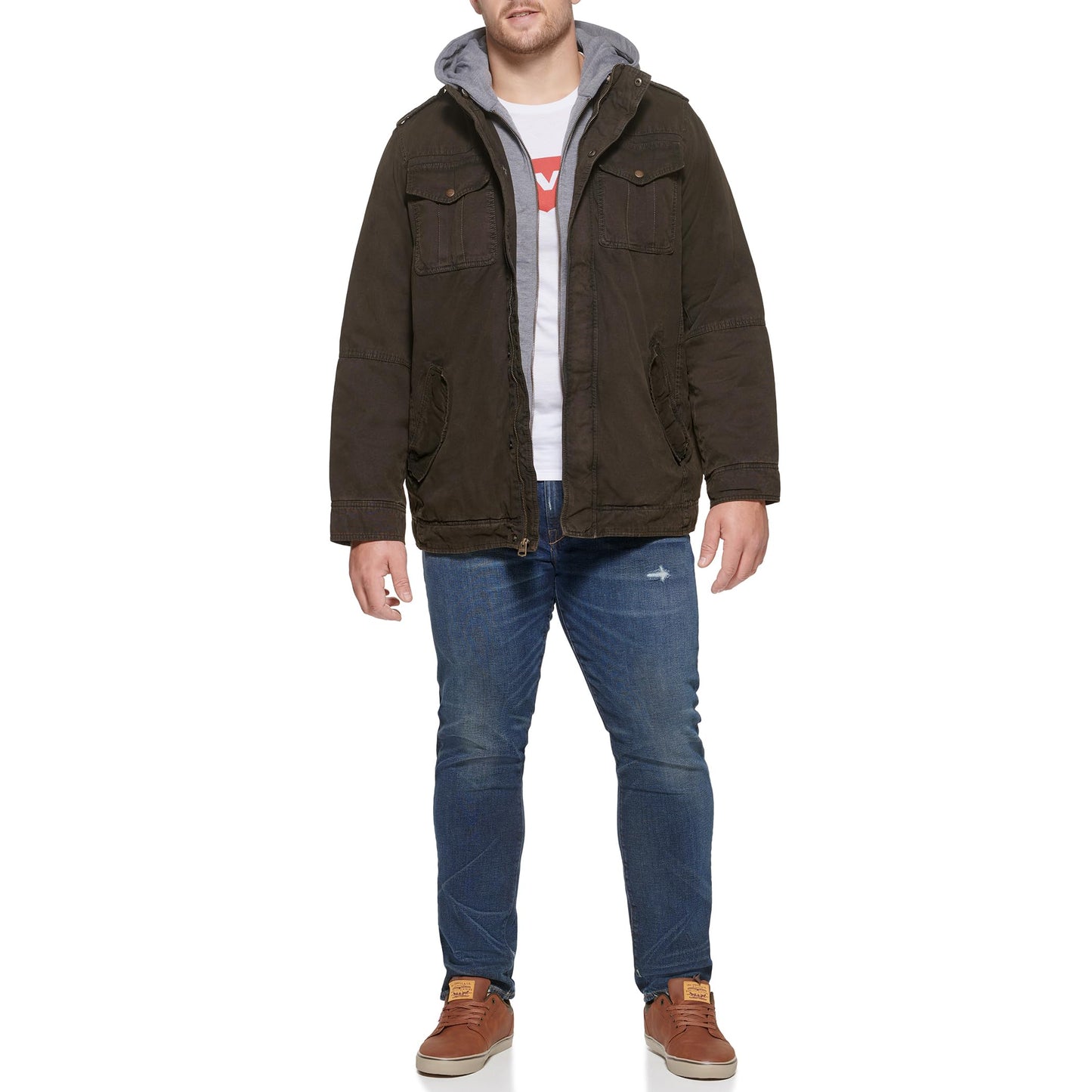 Levi's Men's Washed Cotton Military Jacket with Removable Hood, Dark Brown, Large Tall
