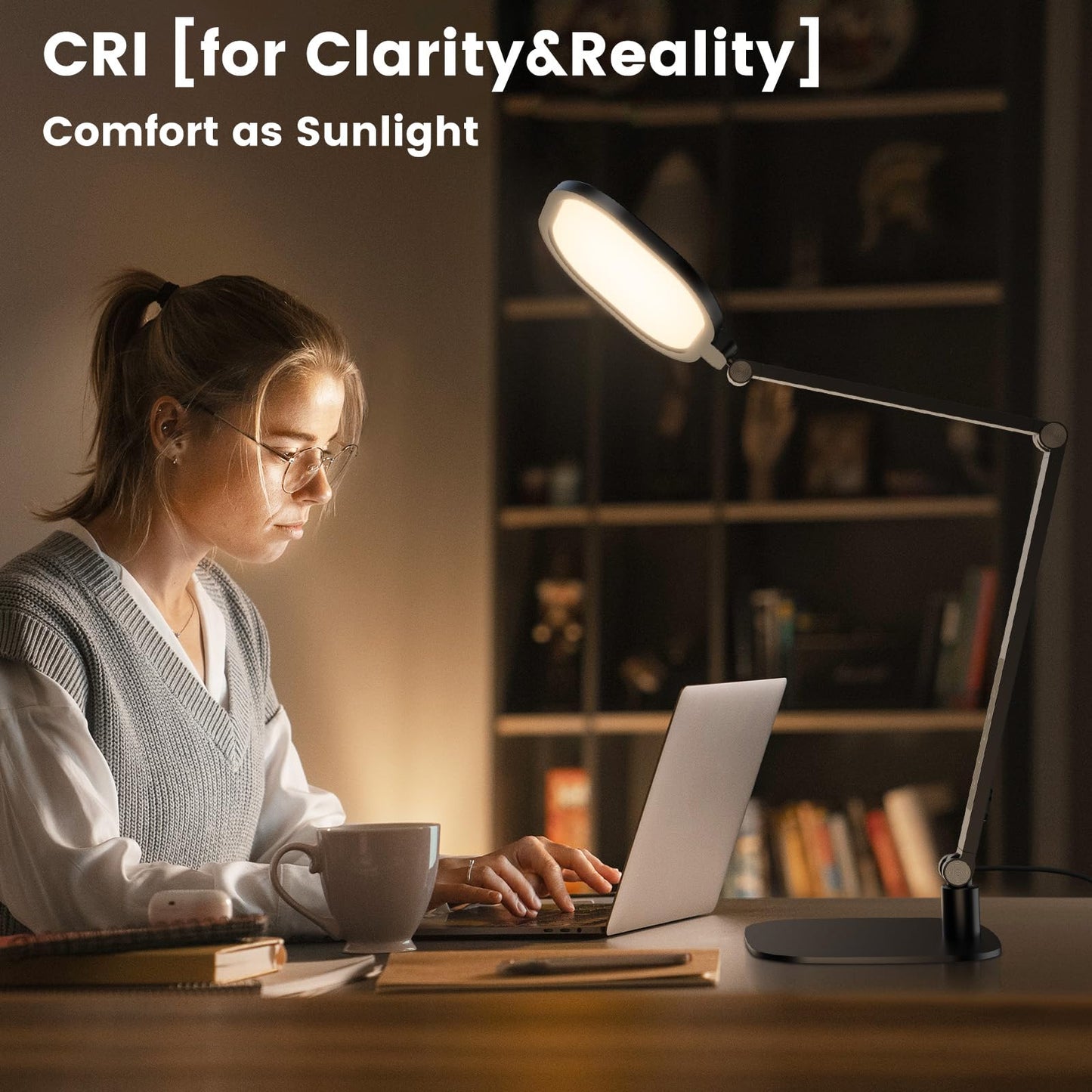 LitONES LED Desk Lamp for Home Office, 15W Computer Zoom Lighting with Swing Arm, Memory & Timer Function, Dimmable Desktop Ring Light for Video Calls, Conference, Reading, Streaming, Podcasting