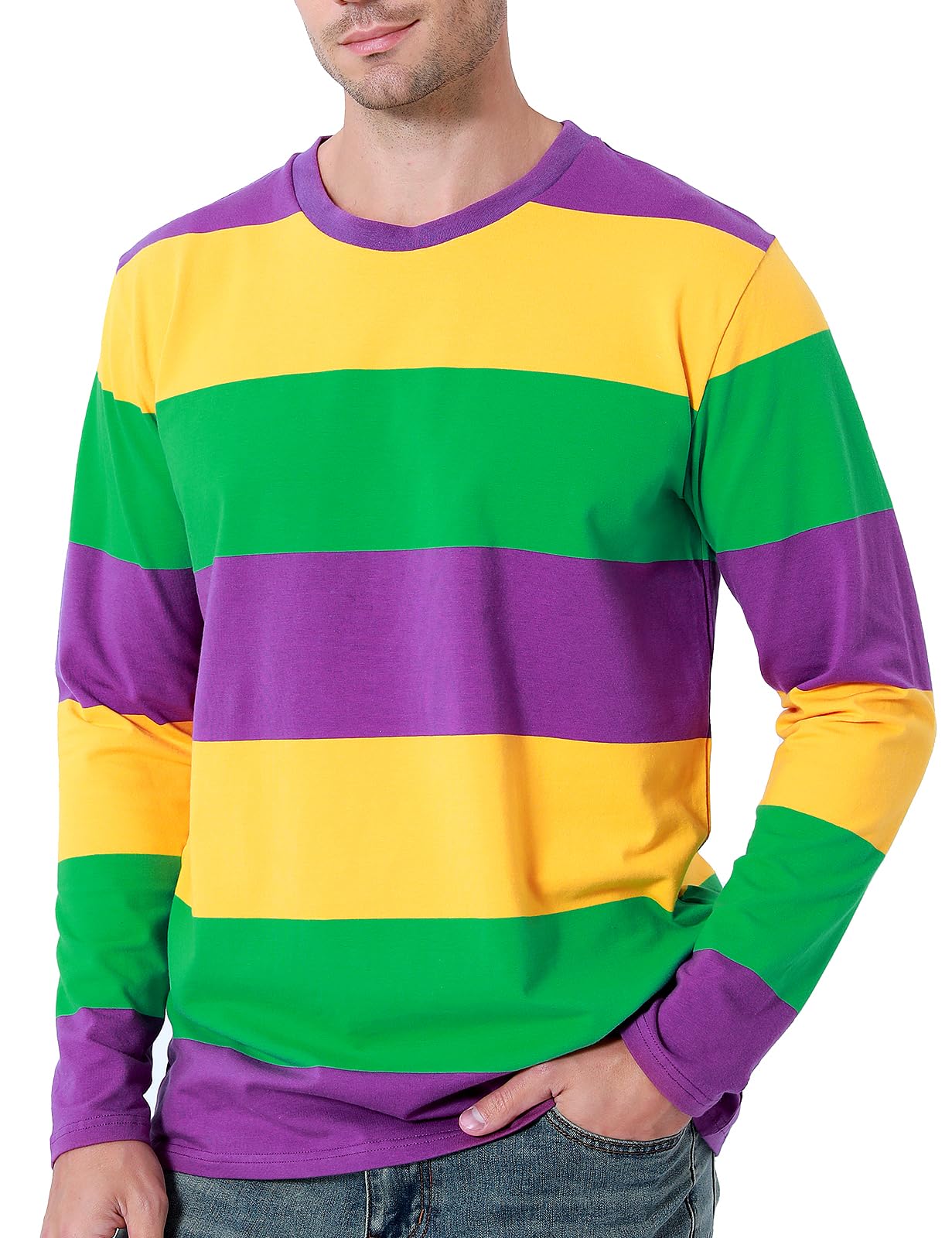 Funny World Mens Mardi Gras Shirt Purple Gold Green Striped Shirt Long Sleeve Holiday T Shirts, X-Large