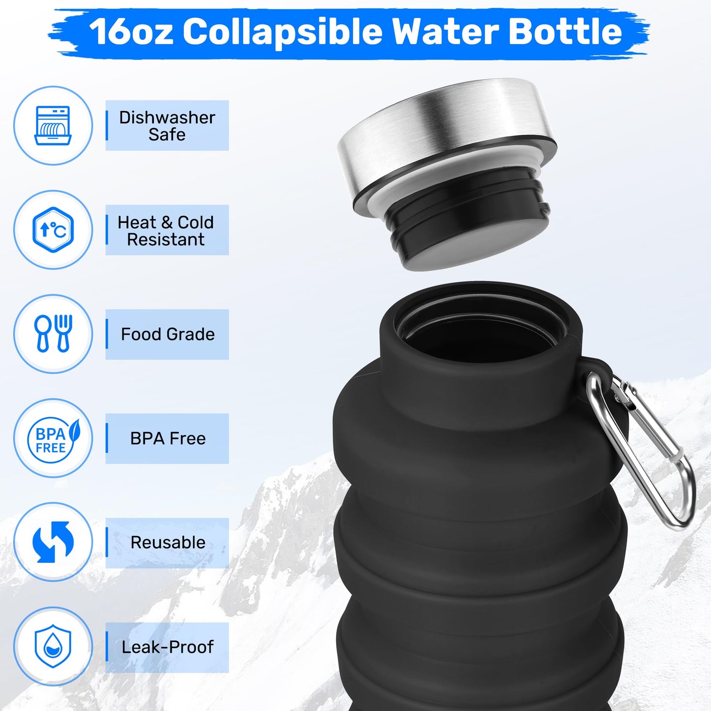 Rotayi Collapsible Water Bottle, 16oz Portable Reusable Silicone Water Bottle, BPA-Free Leak-Proof Foldable Design with Carabiner, Lightweight Durable for Gym, Travel, Camping, Hiking, Sports-Black