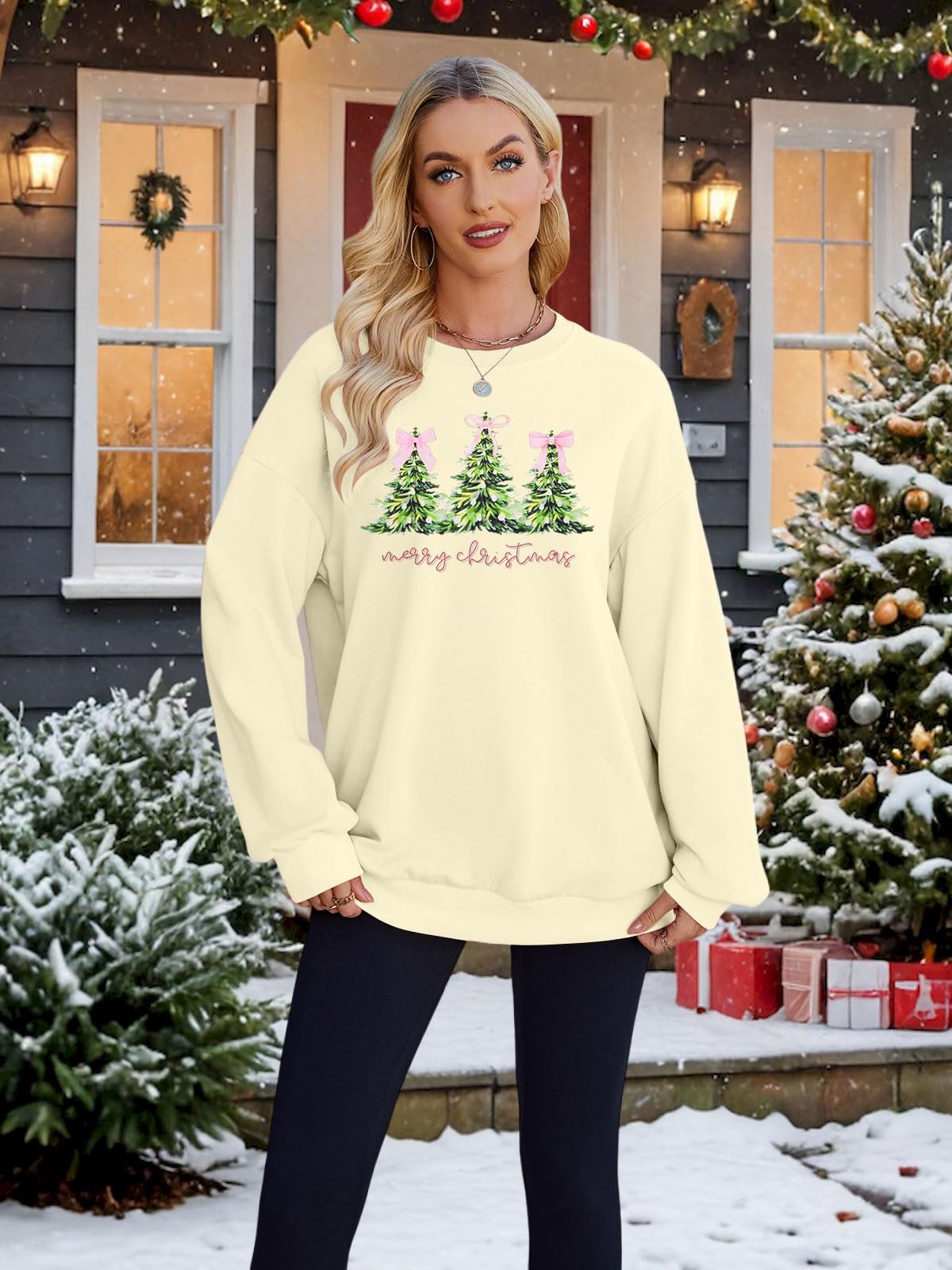QLIPIN Merry Christmas Sweatshirt Women Christmas Bow Sweater Christmas Tree Sweatshirts Oversized Holiday Ugly Sweaters