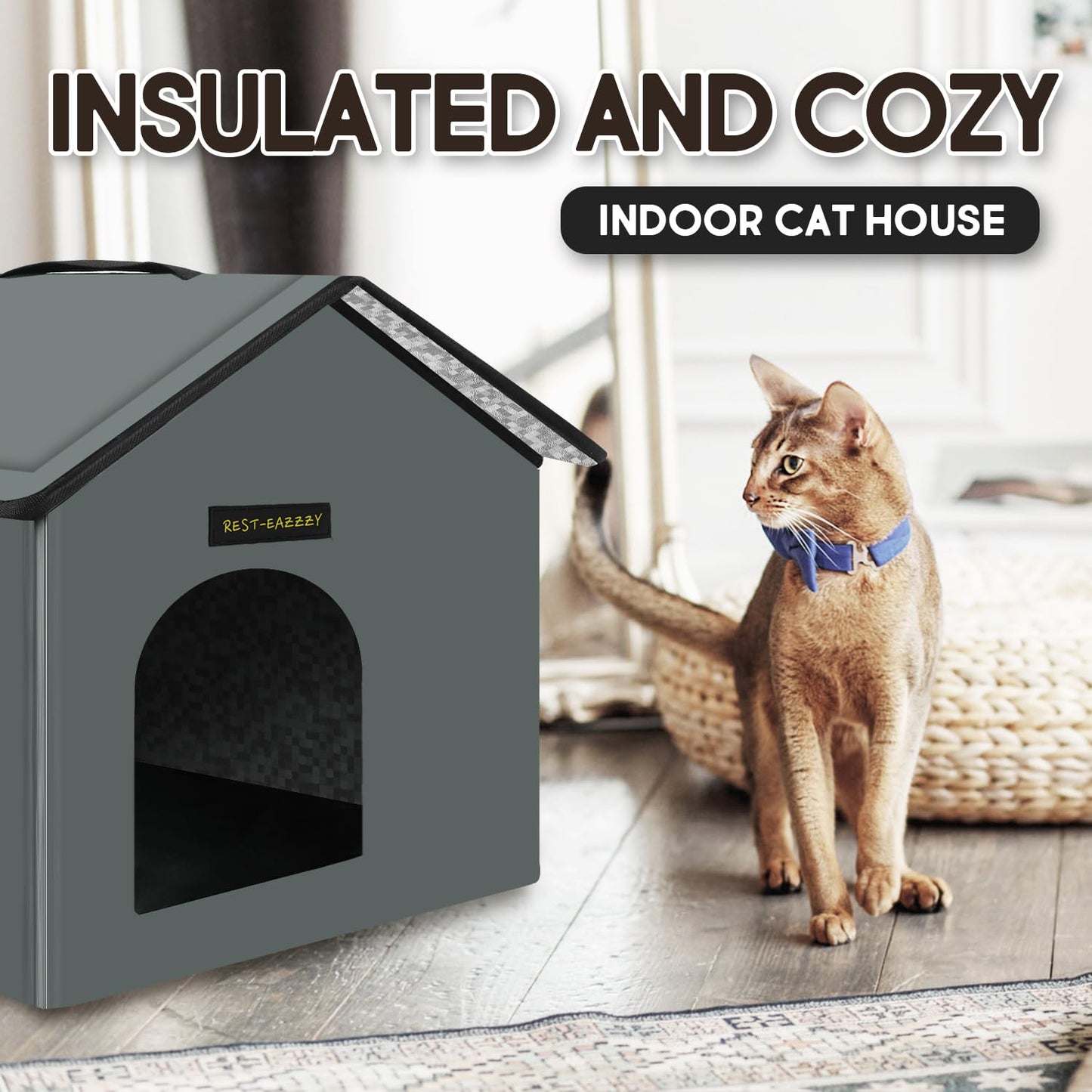 Rest-Eazzzy Cat House for Outdoor Cats, Weatherproof and Insulated Feral Cat House with Mat and Clip, Easy to Put Together, Selfwarming Cat Shelter for Winter(Grey, Waterproof House-S)