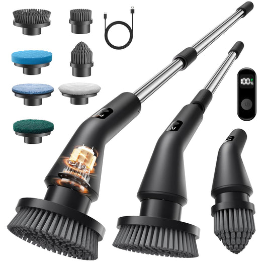 Topmako Electric Spin Scrubber, 2025 New Cordless Cleaning Brush for Home, IPX7 Waterproof Spin Scrubber with 7 Brush Heads, Adjustable Long Handle and 2 Rotating Speeds for Bathroom Tub Floor