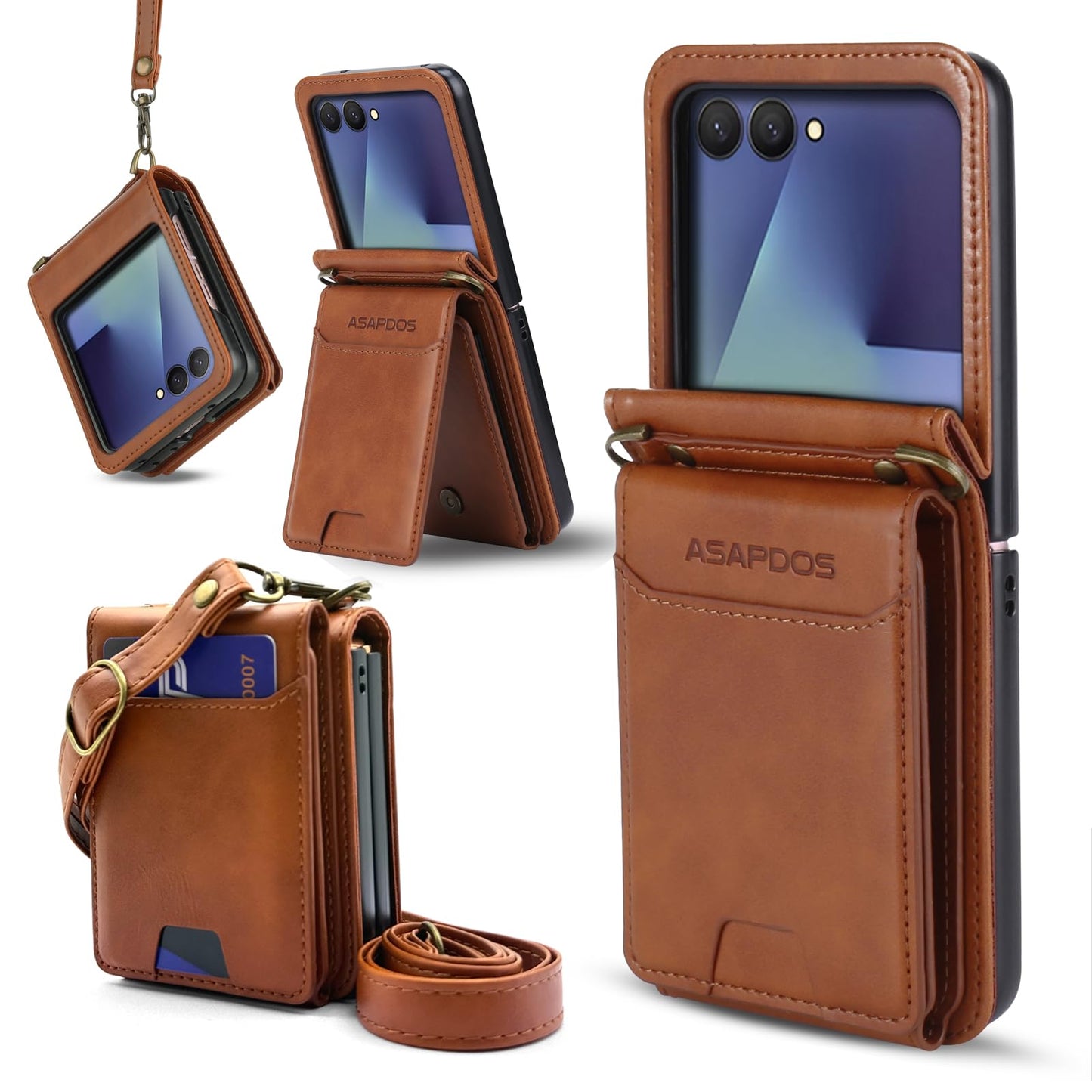 ASAPDOS for Samsung Galaxy Z Flip 7 PU Leather Wallet Phone Case with Card Slots (Holds 5-7 Cards), Anti-Drop Protection, Wrist & Shoulder Strap Brown