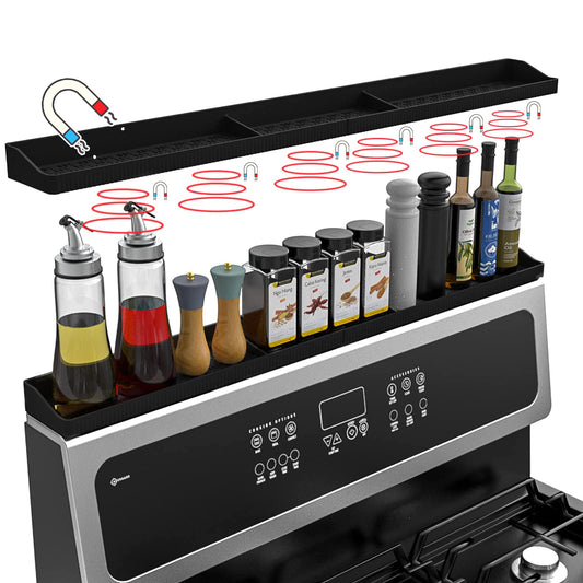 Weiwavivi 30 Inch Silicone Stove Top Shelf Magnetic for Kitchen, Strong Magnetic Heat Resistant Spice Rack Organizer for Over Stove Oven - (Black)