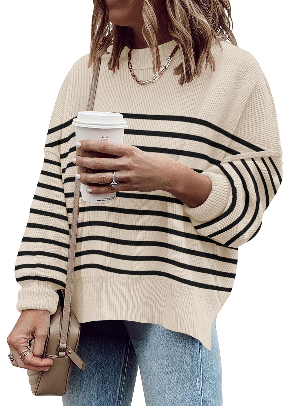 Women's Oversized Crewneck Sweaters Batwing Long Sleeve Side Slit Ribbed Knit Pullover Sweater Tops