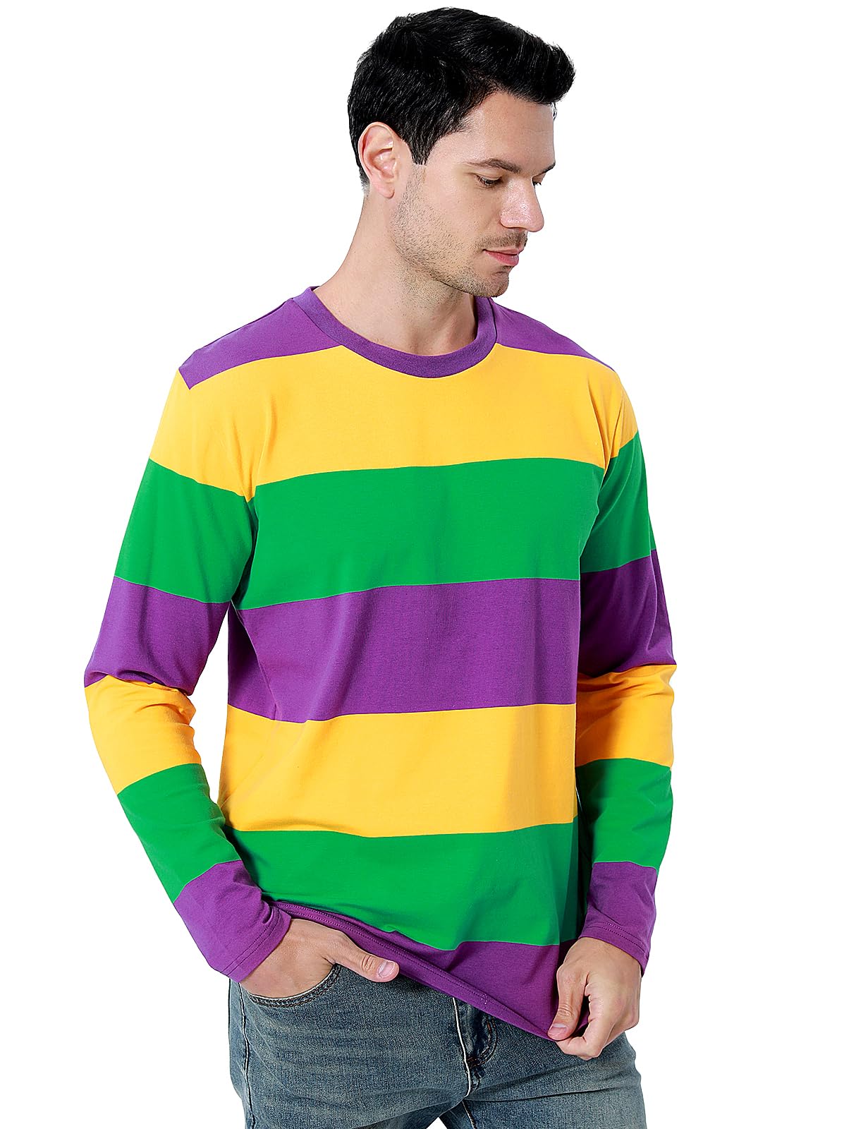 Funny World Mens Mardi Gras Shirt Purple Gold Green Striped Shirt Long Sleeve Holiday T Shirts, X-Large